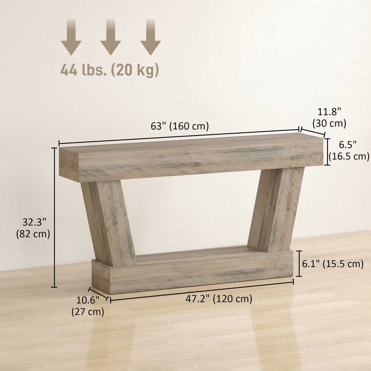 63" Vintage Console Table with Open Shelf, Light Brown
