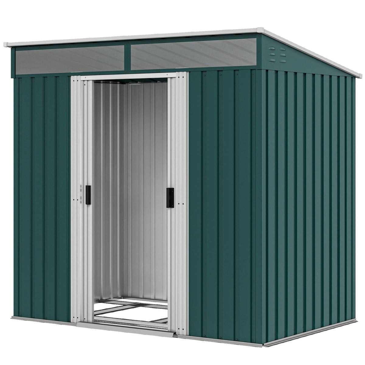 6.5 x 4 ft Garden Tool Shed, Galvanised Steel Outdoor Storage with Lockable Sliding Doors, Foundation Kit, Hooks & Vents – Green
