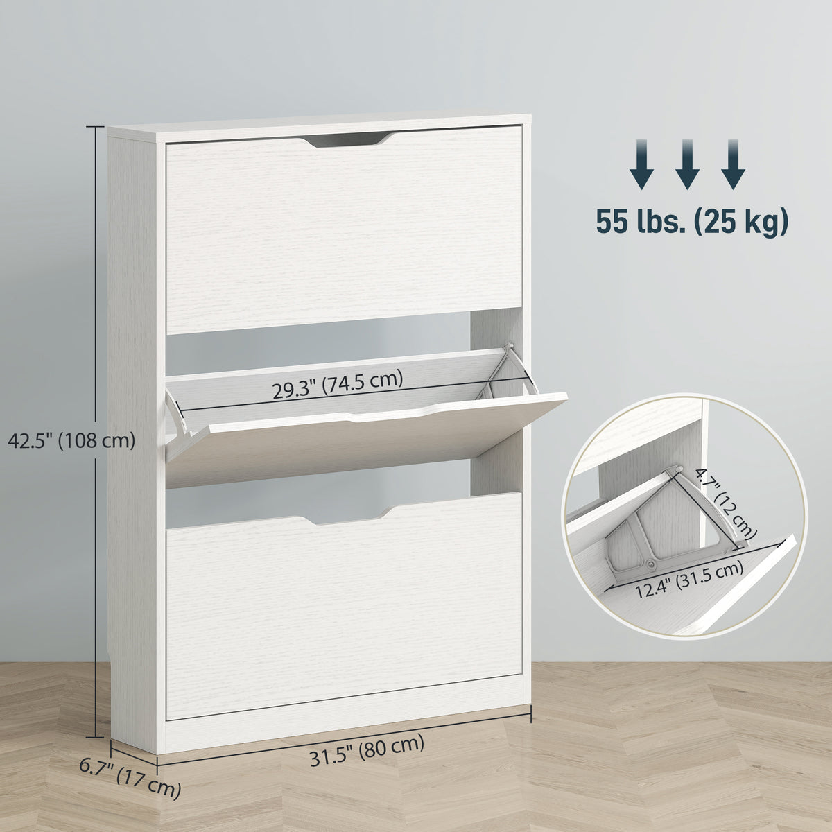 Narrow Shoe Cabinet with 3 Flip Drawers – 31"W x 43"H