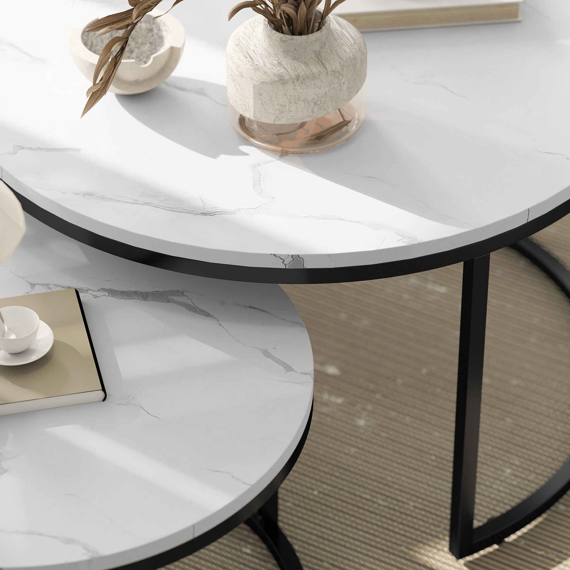 HOMCOM Modern 2-Piece Nesting Round Coffee Table Set, Metal Base