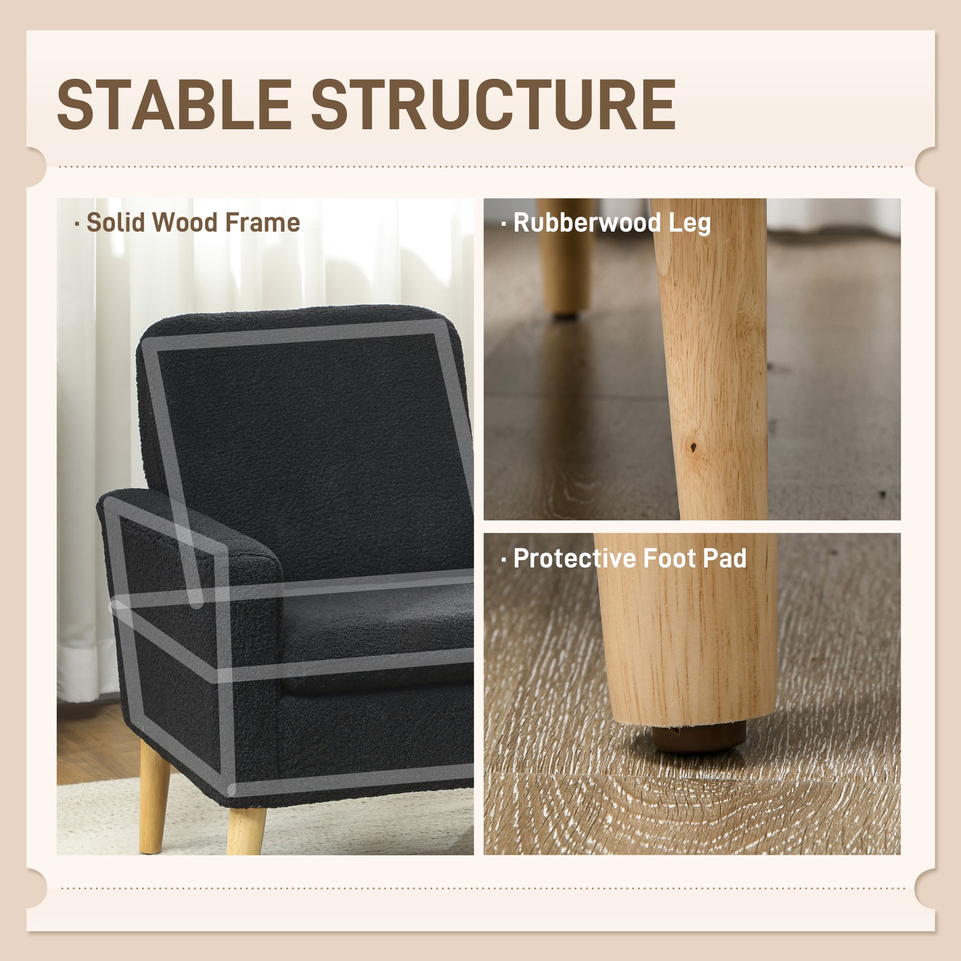 HOMCOM Modern Upholstered Black Fabric Accent Chair with Wood Legs