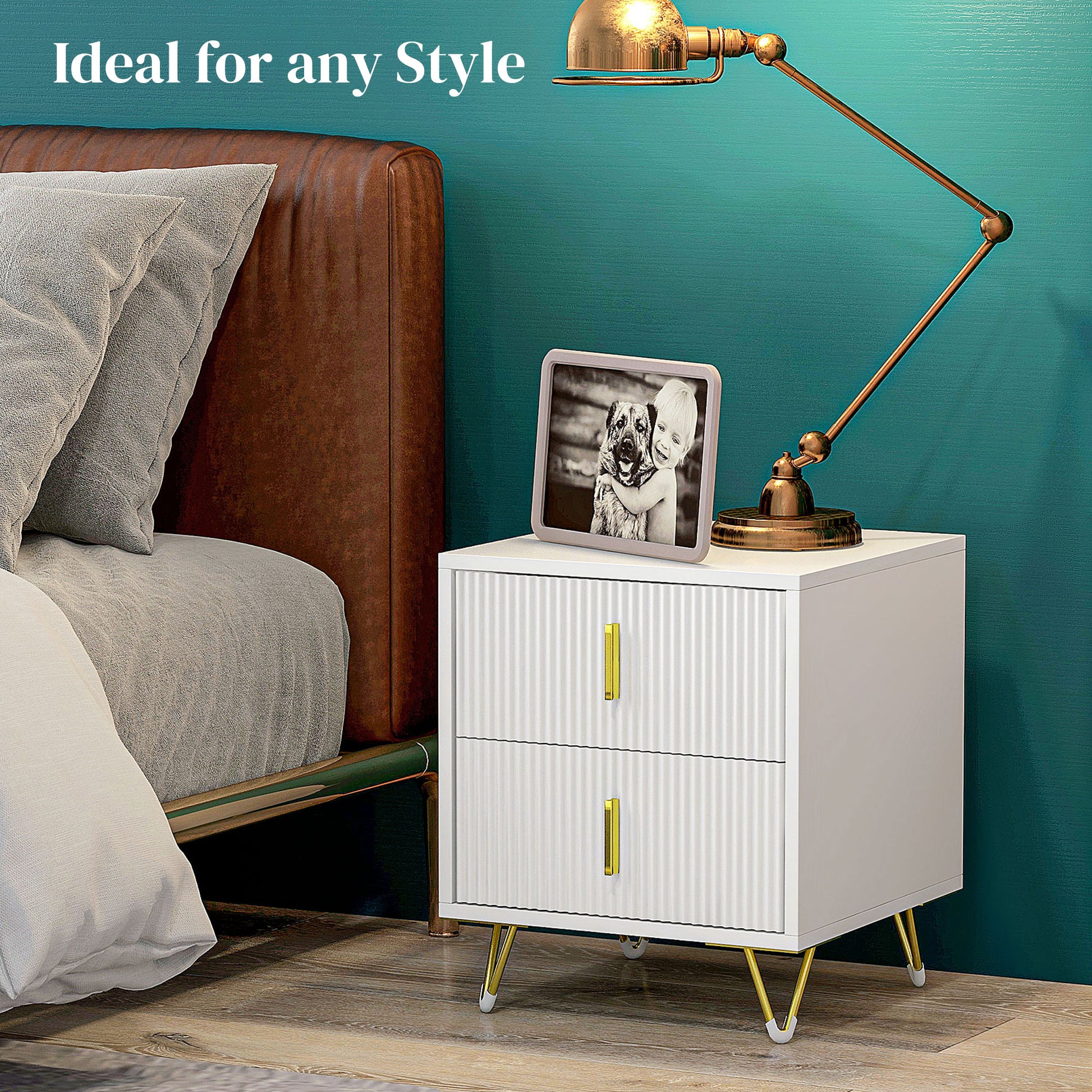 Modern White Nightstand Bedside Table with 2 Storage Drawers, Gold Metal Legs