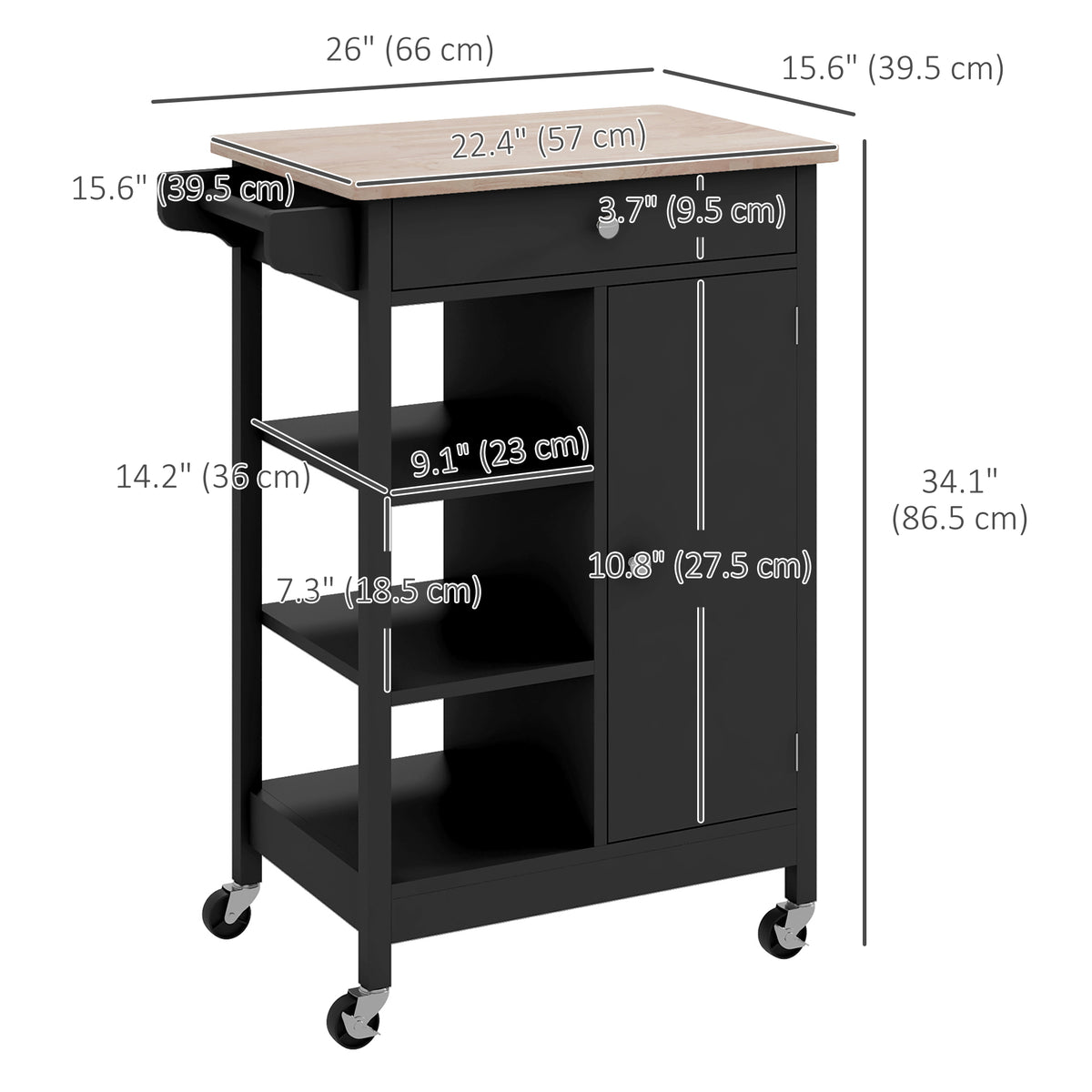 Modern Rolling Kitchen Island Cart with Drawer – 26"W x 34"H