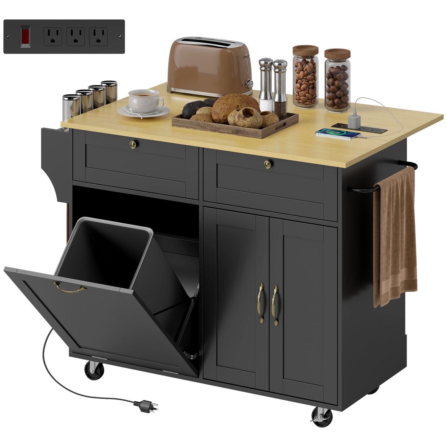 HOMCOM Kitchen Island Cart Charging Station Drop Leaf Black
