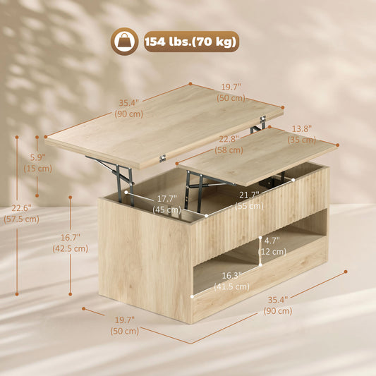 Lift-Top Coffee Table with Dual-Zone Expandable Top and Hidden Storage, Oak