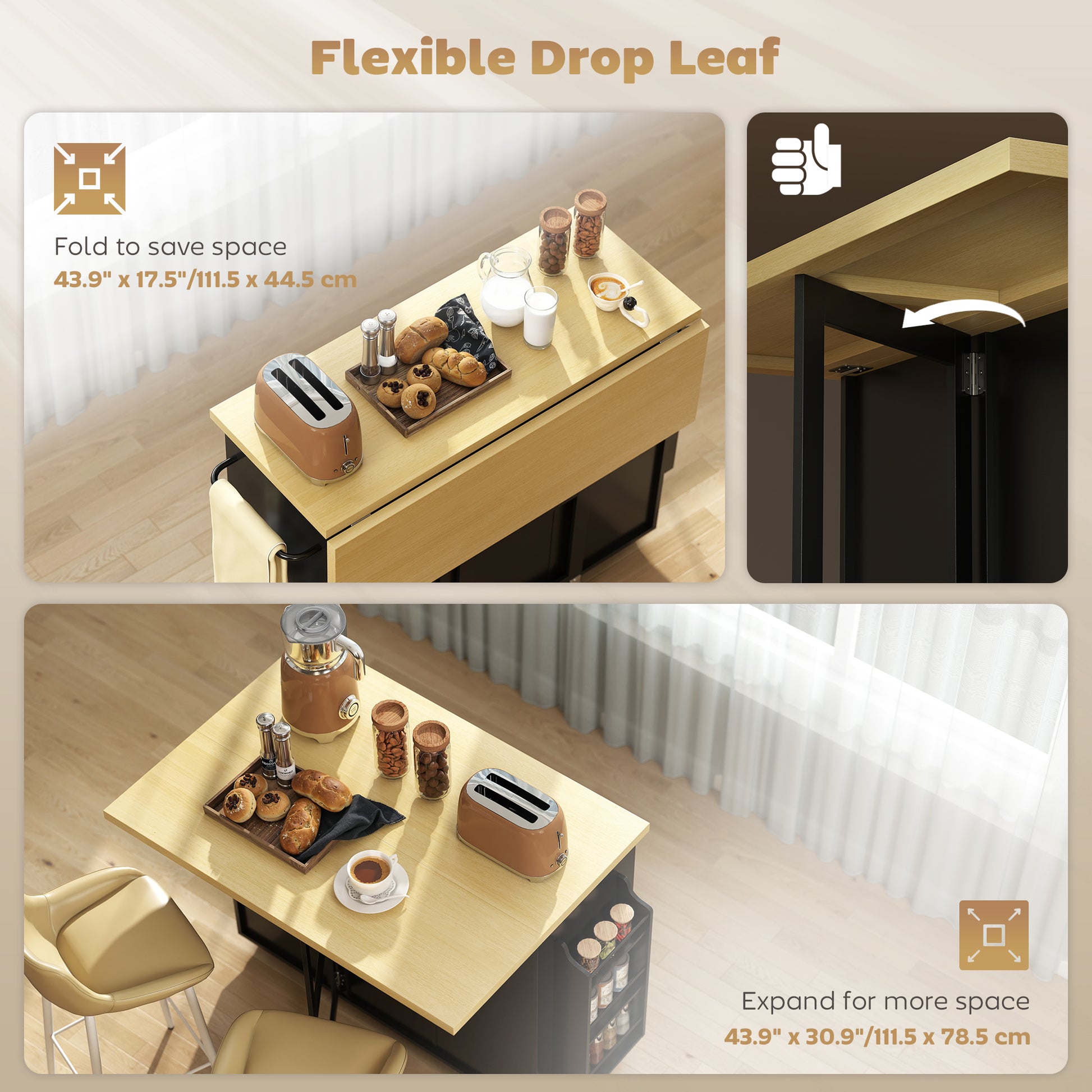 HOMCOM Kitchen Island Cart Drop Leaf Drawer Spice Rack Black