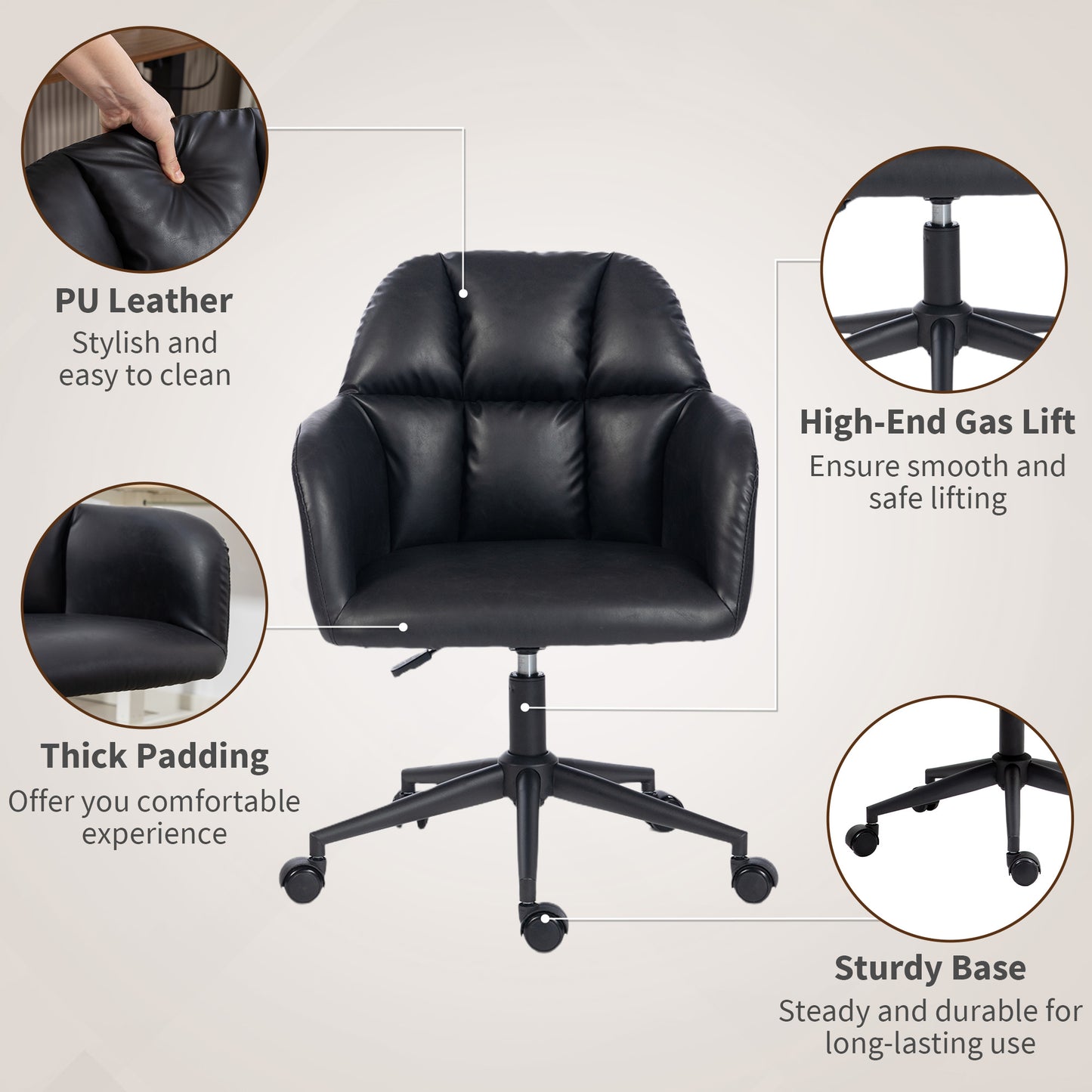 HOMCOM Modern Faux Leather Swivel Office Chair, Adjustable Height, Ergonomic Desk Seating