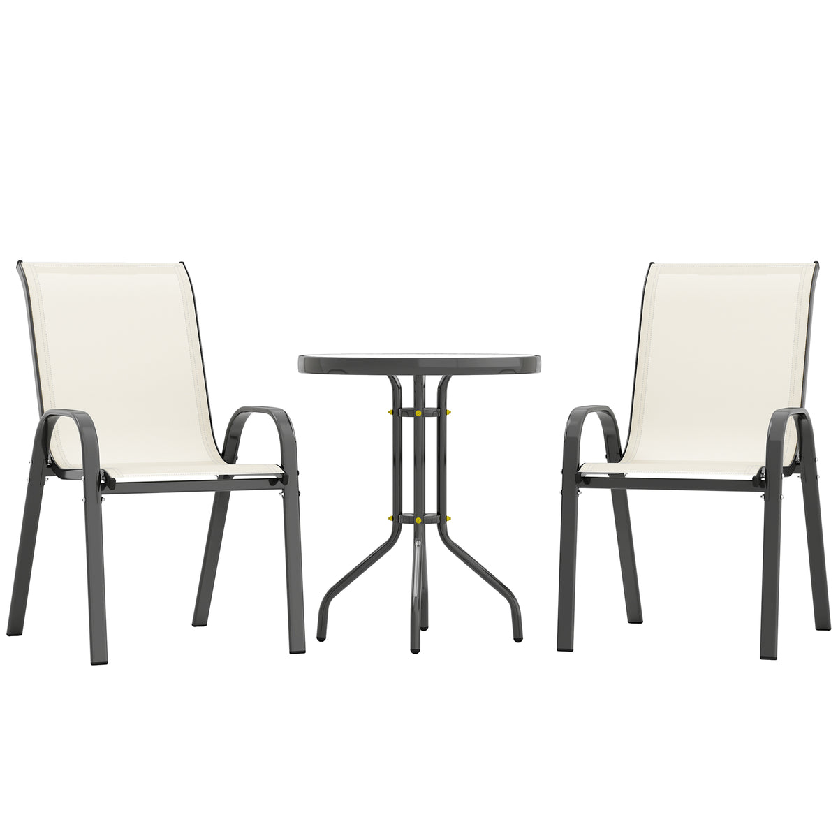 3 Pieces Bistro Set, Small Patio Furniture Set with Stackable Mesh Chairs, Glass Table for Garden, Balcony – Beige
