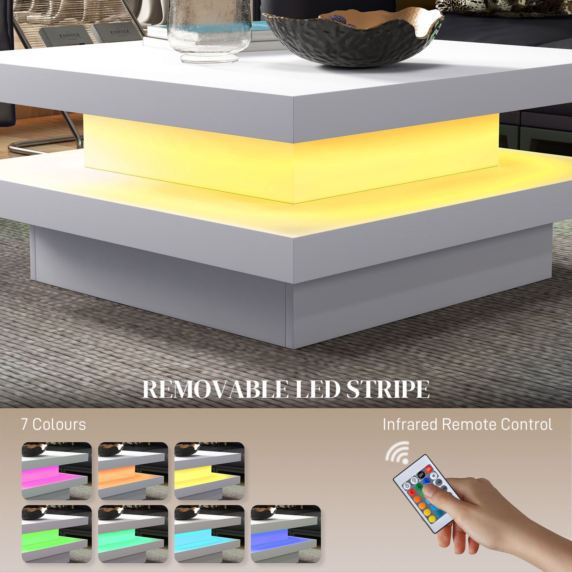 Modern Square Coffee Table with RGB LED Lights, Remote Control, 2-Tier Storage, White