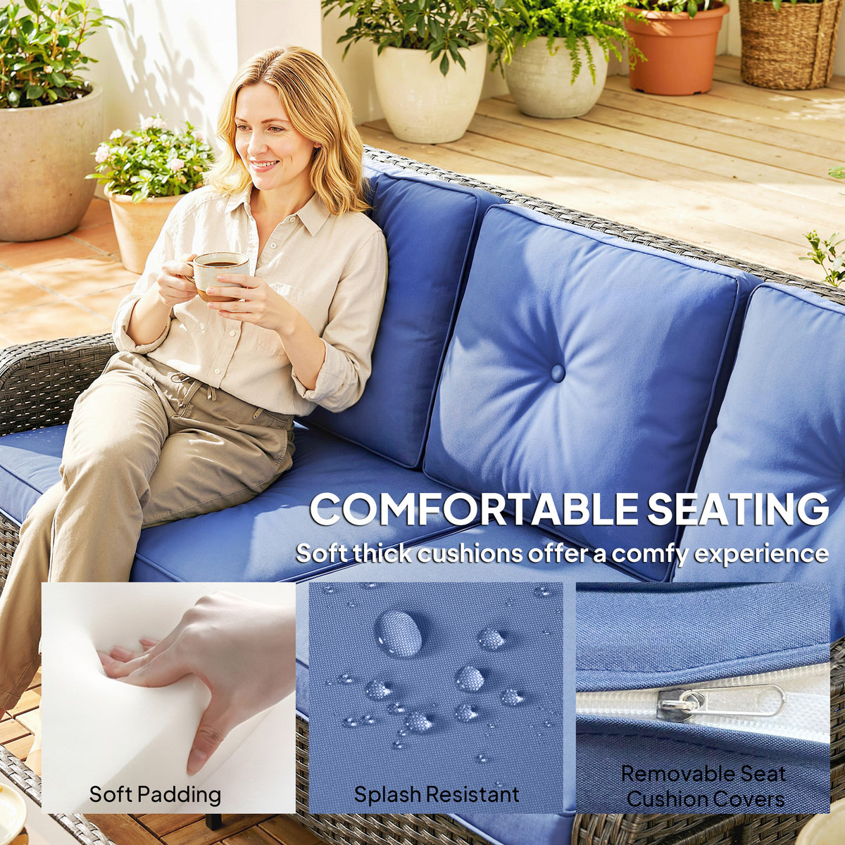 Wicker Patio Sofa with Cushions, 3 Seater Rattan Outdoor Couch for Patio, Garden, Porch, Backyard, Deep