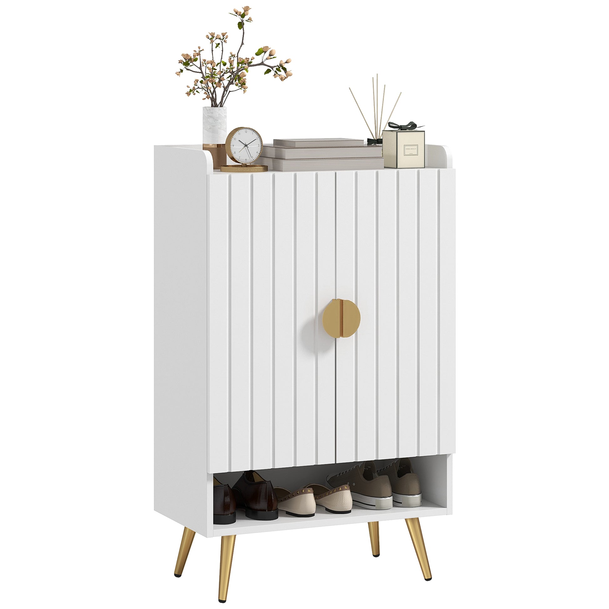 HOMCOM Narrow Entryway Shoe Cabinet, Adjustable Shelves, Open Storage, Holds 15 Pairs, White