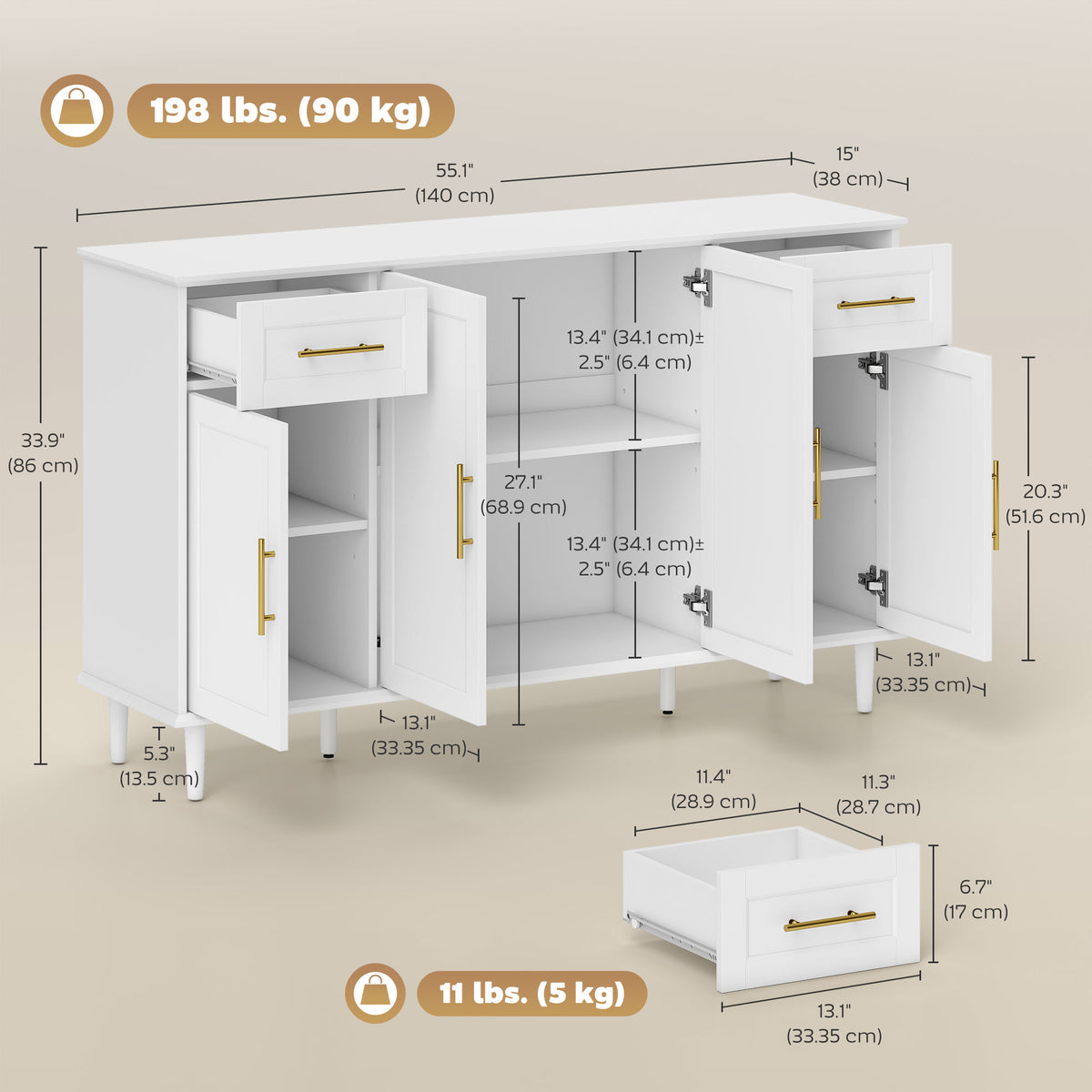 Buffet Cabinet with Soft-Close Doors – 55"W x 34"H