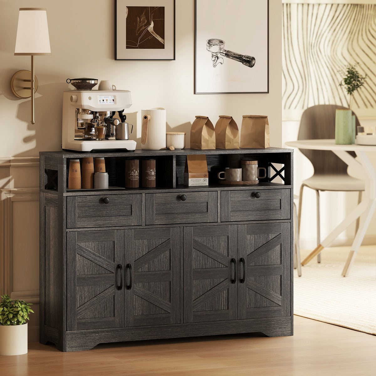 Buffet Cabinet with 4 Barn Doors and 3 Drawers – 47"W x 35"H