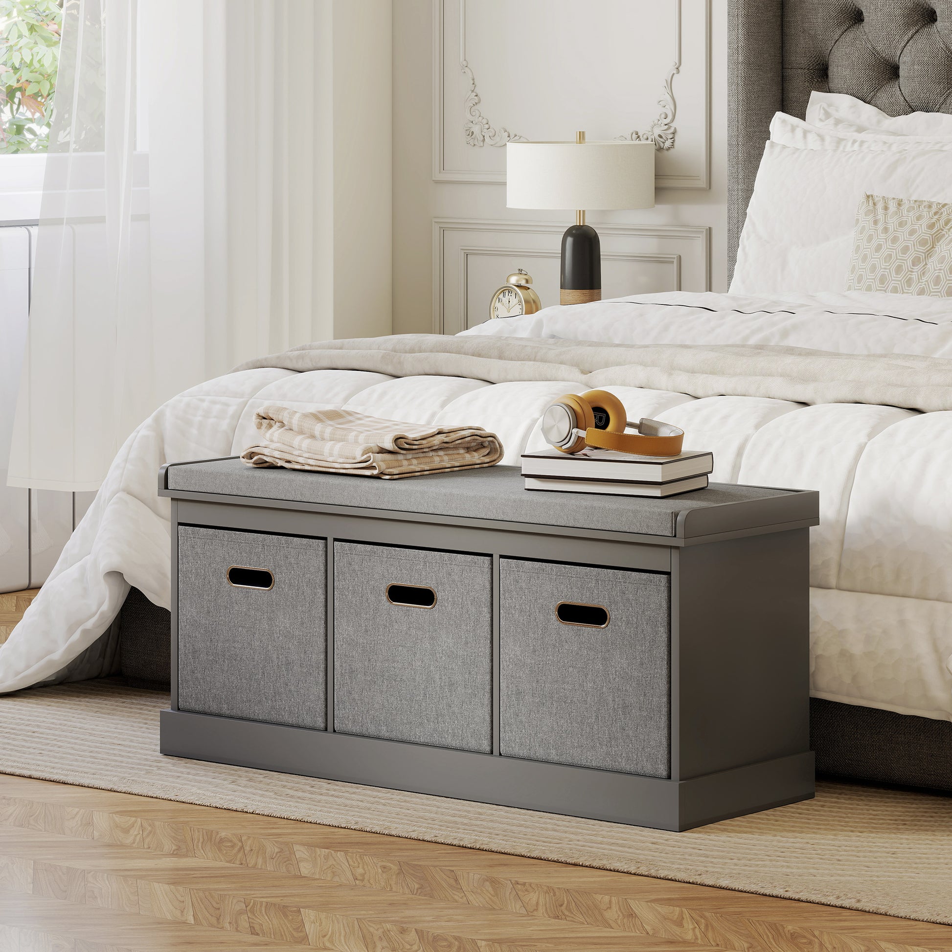 HOMCOM Grey Entryway Shoe Storage Bench with Padded Seat, Three Fabric Drawers