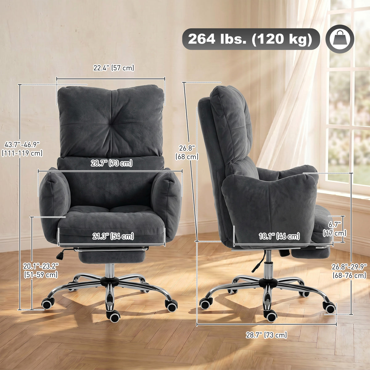 Office Chair with Footrest, Ergonomic Reclining Computer Gaming Chair with Snow Flannel Fabric, Dark Grey