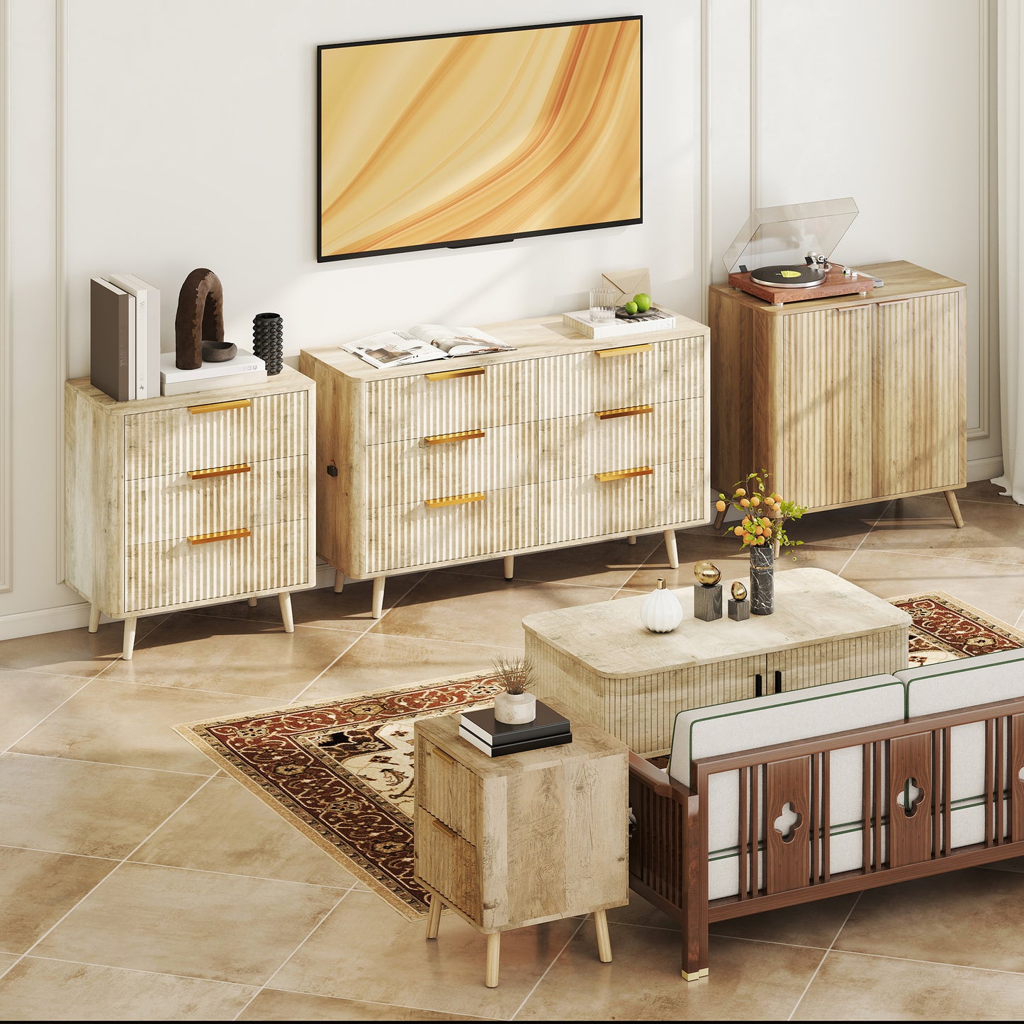 HOMCOM Modern Oak Nightstands Set of 2, Fluted Drawers, Finger Pulls