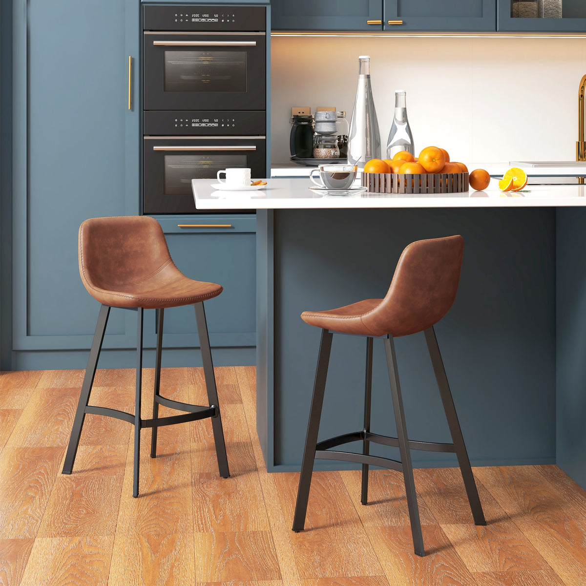 PU Leather Counter Stools with Curved Back and Steel Legs, Set of 2, Brown