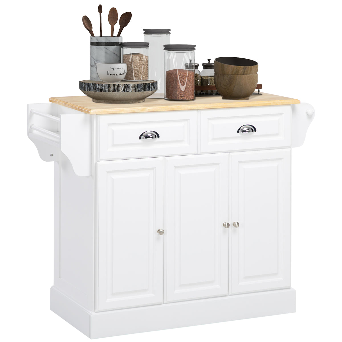 Rolling Kitchen Island with Rubberwood Top and Towel Rack – 43"W x 36"H