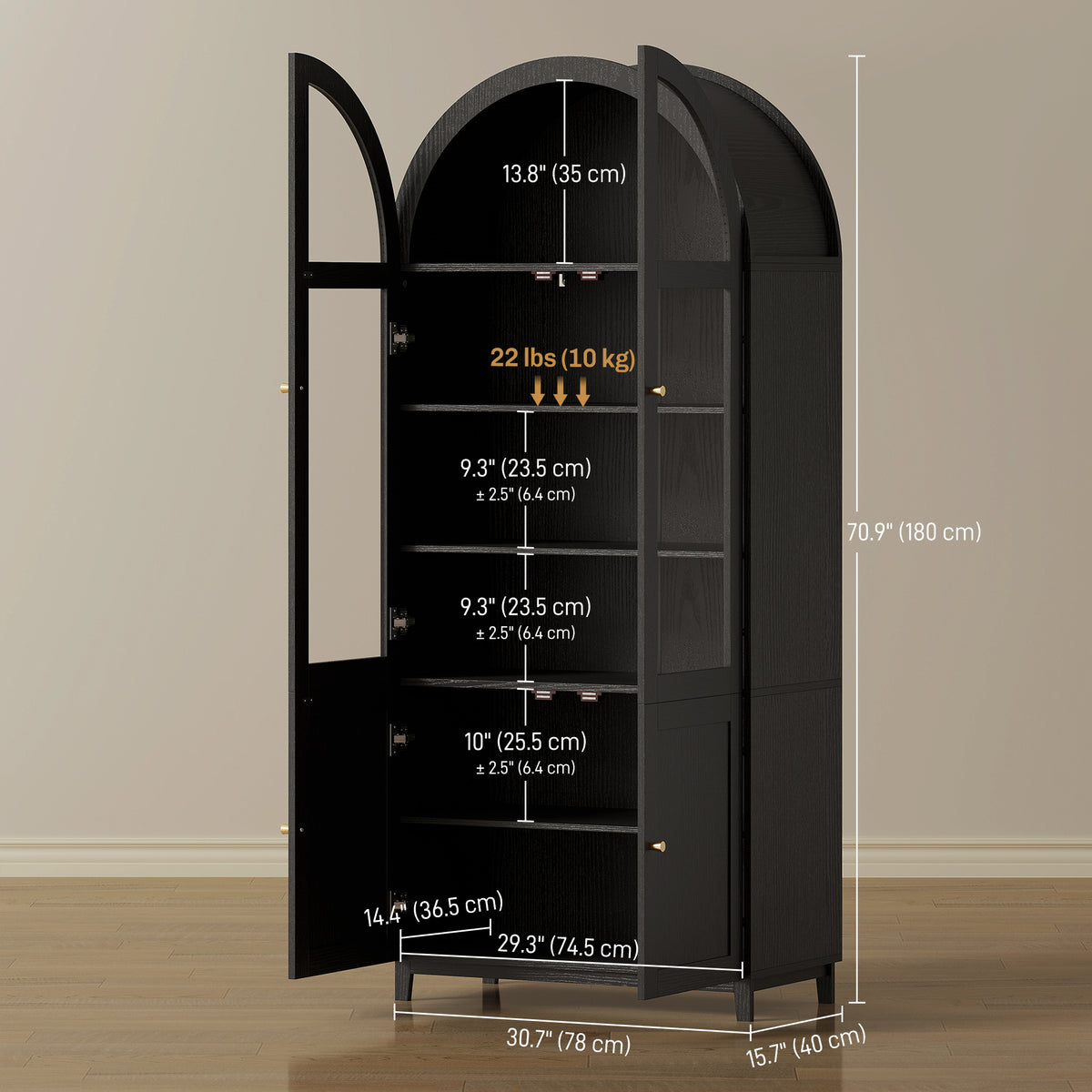 Farmhouse Kitchen Storage Cabinet with Acrylic Glass Doors – 31"W x 71"H