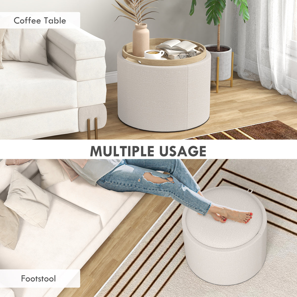 Round Storage Ottoman Coffee Table with Tray Top, Linen Upholstered