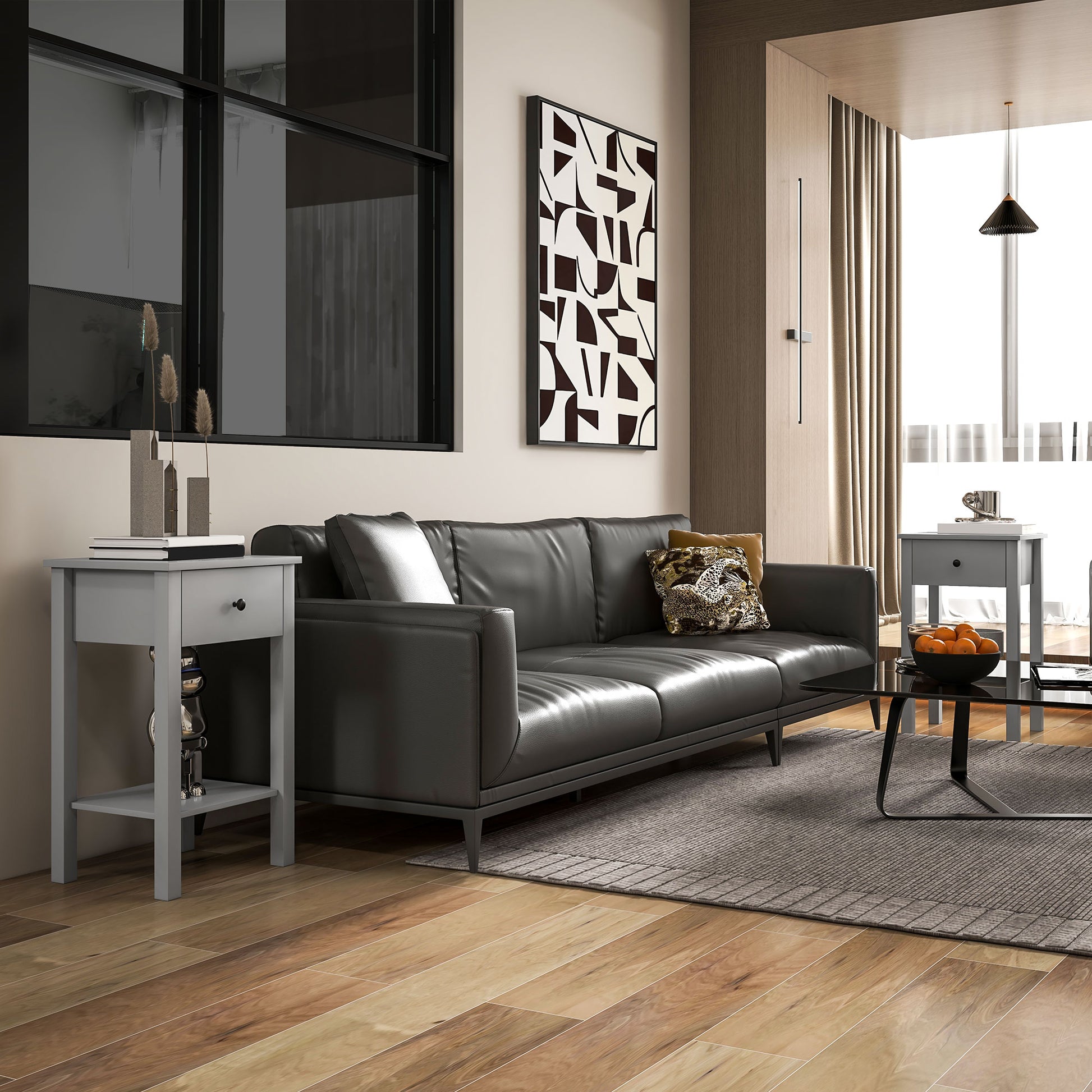 HOMCOM Grey 2-Piece End Tables with Drawer and Bottom Shelf