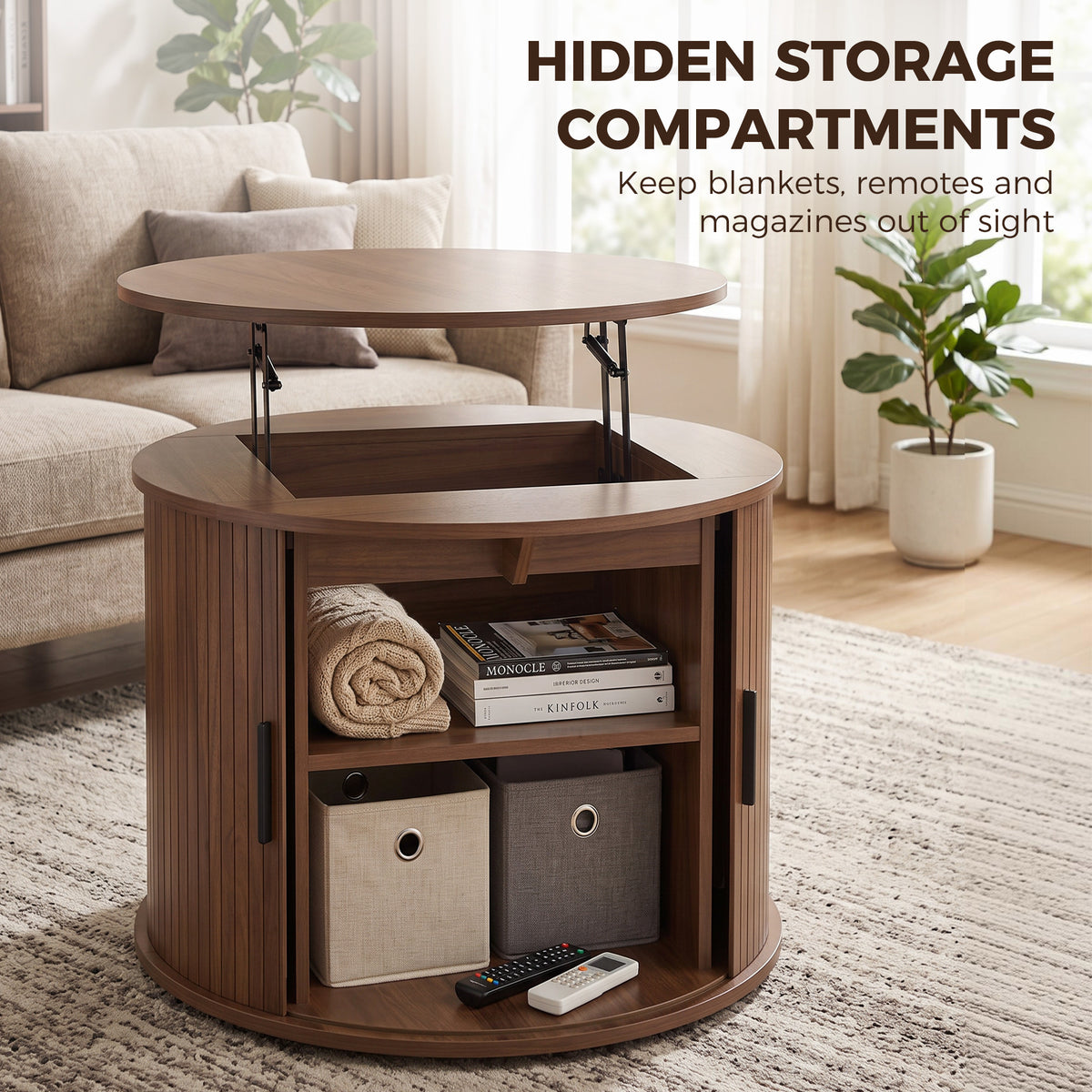 Round Fluted Lift-Top Coffee Table with Tambour Door Storage, Walnut