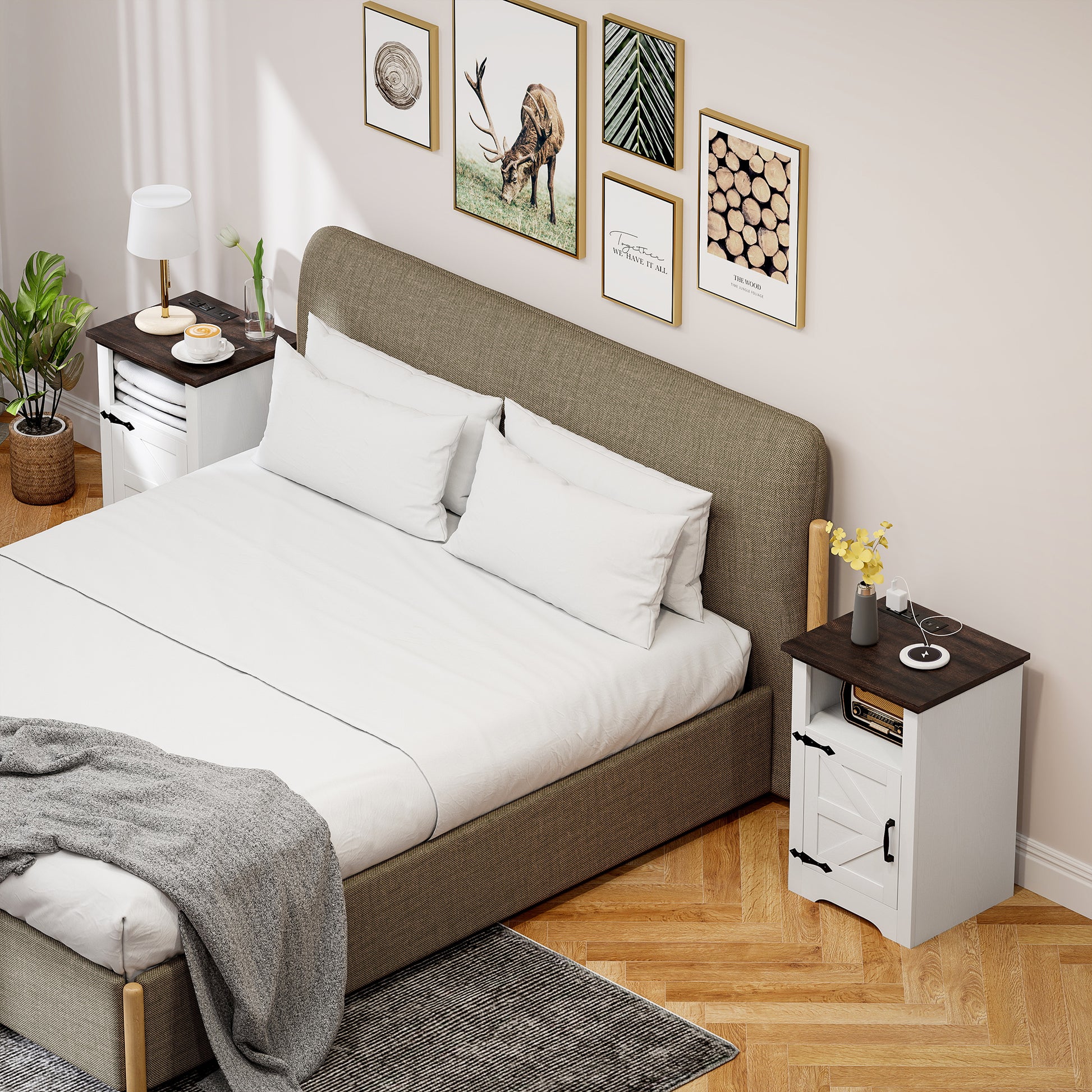 HOMCOM Set of 2 White Nightstands with Charging Outlets and Storage