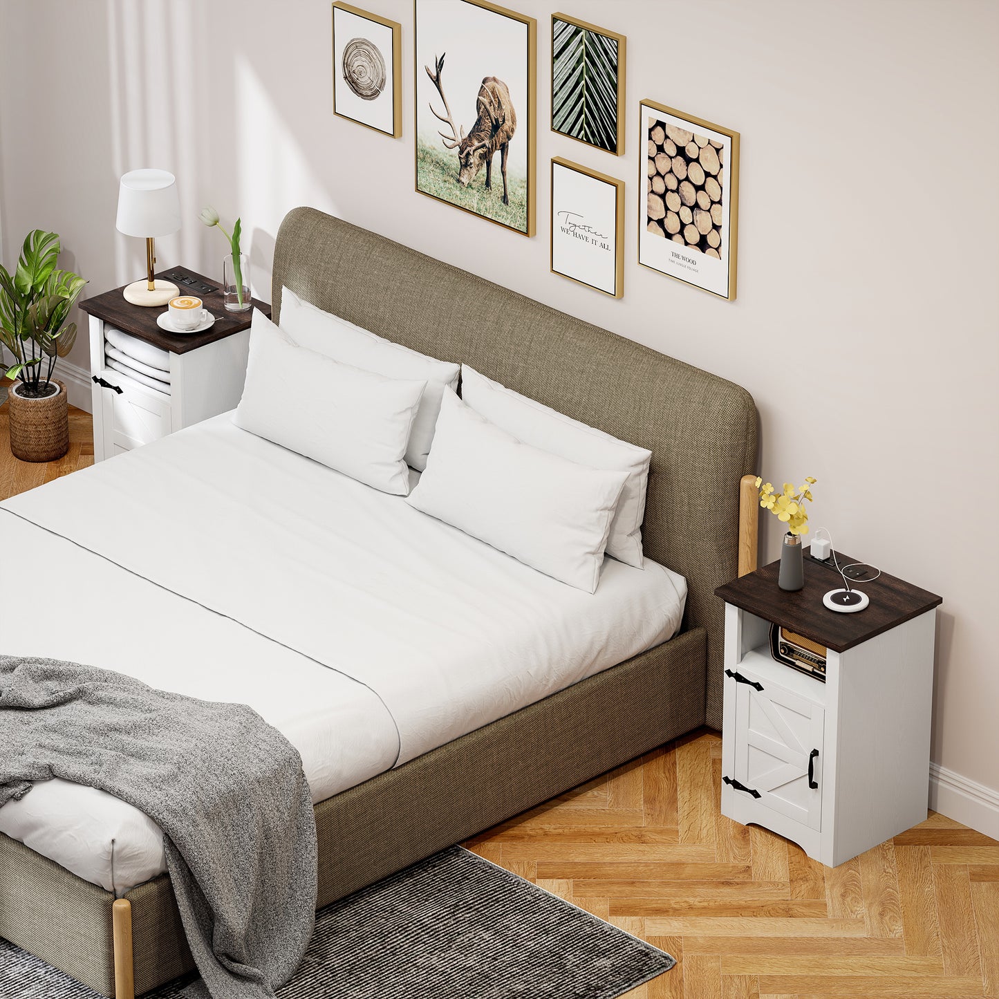 HOMCOM Set of 2 White Nightstands with Charging Outlets, Rustic Side Tables