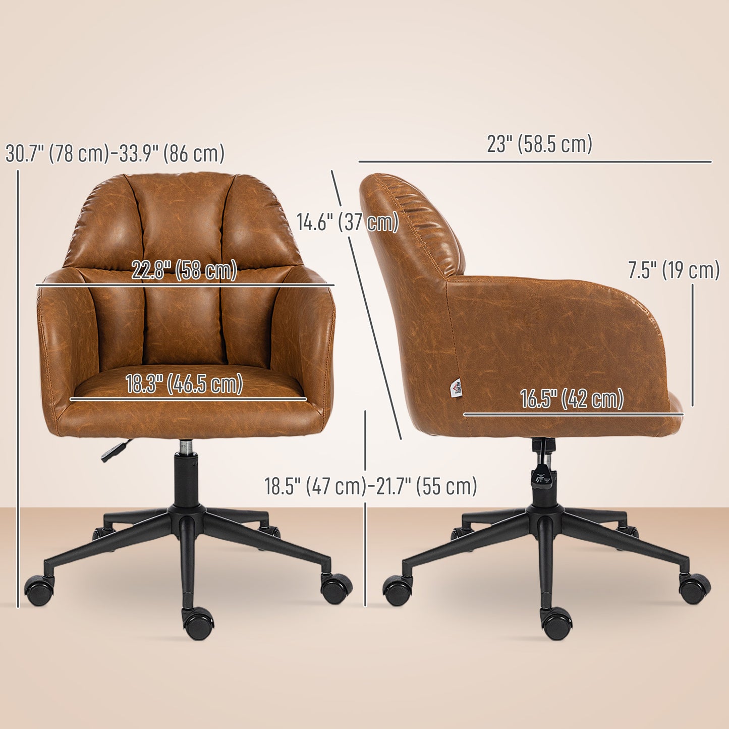 HOMCOM Swivel Faux Leather Office Desk Chair, Adjustable Height, Ergonomic Lumbar Support, Brown