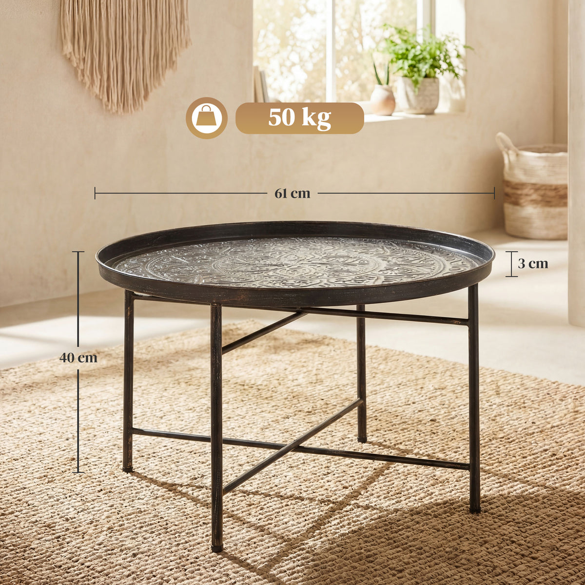 24" Round Vintage Coffee Table with Hammered Flower Tray Top, Pewter