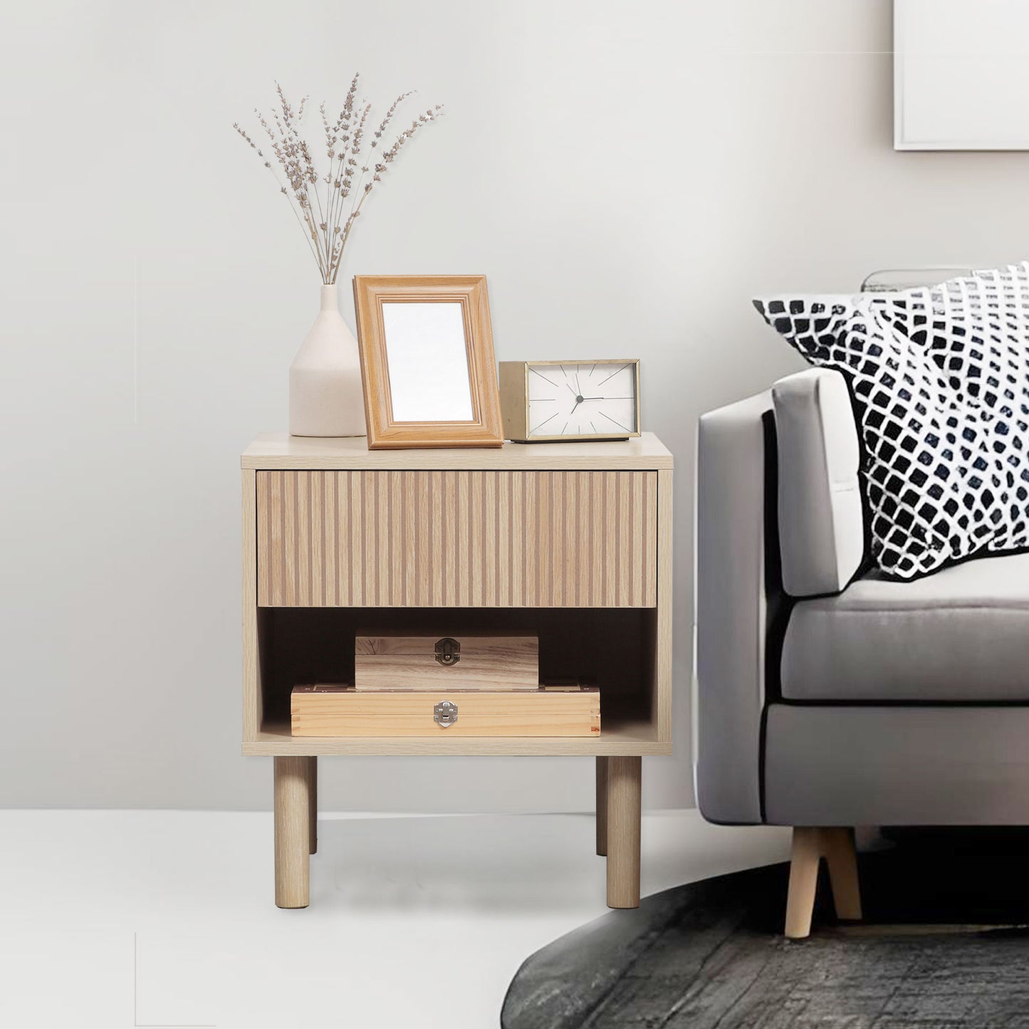 HOMCOM 2-Piece Modern Natural Wood Nightstands with Storage Drawer Shelf