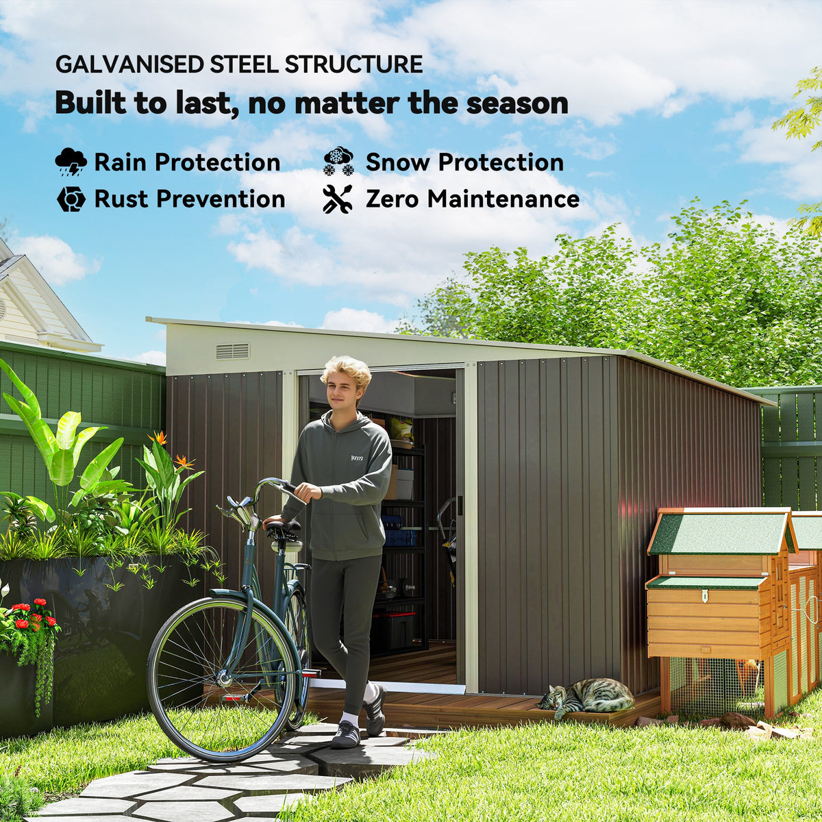 11' x 9' Steel Garden Storage Shed, Outdoor Metal Tool House with Double Sliding Doors – Grey