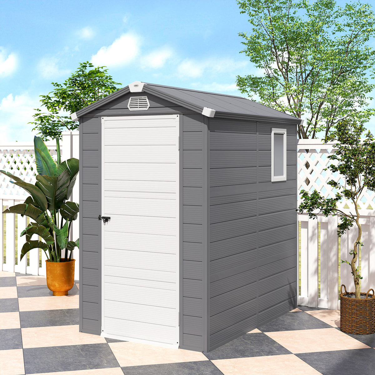 4.5' x 6' Garden Storage Shed with Latch Door, Vents, Sloped Roof – Light Grey