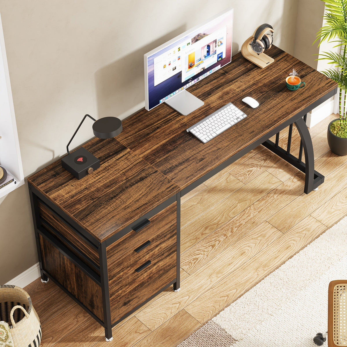 Industrial Computer Desk, 59" Study Desk with Reversible Drawer Cabinet