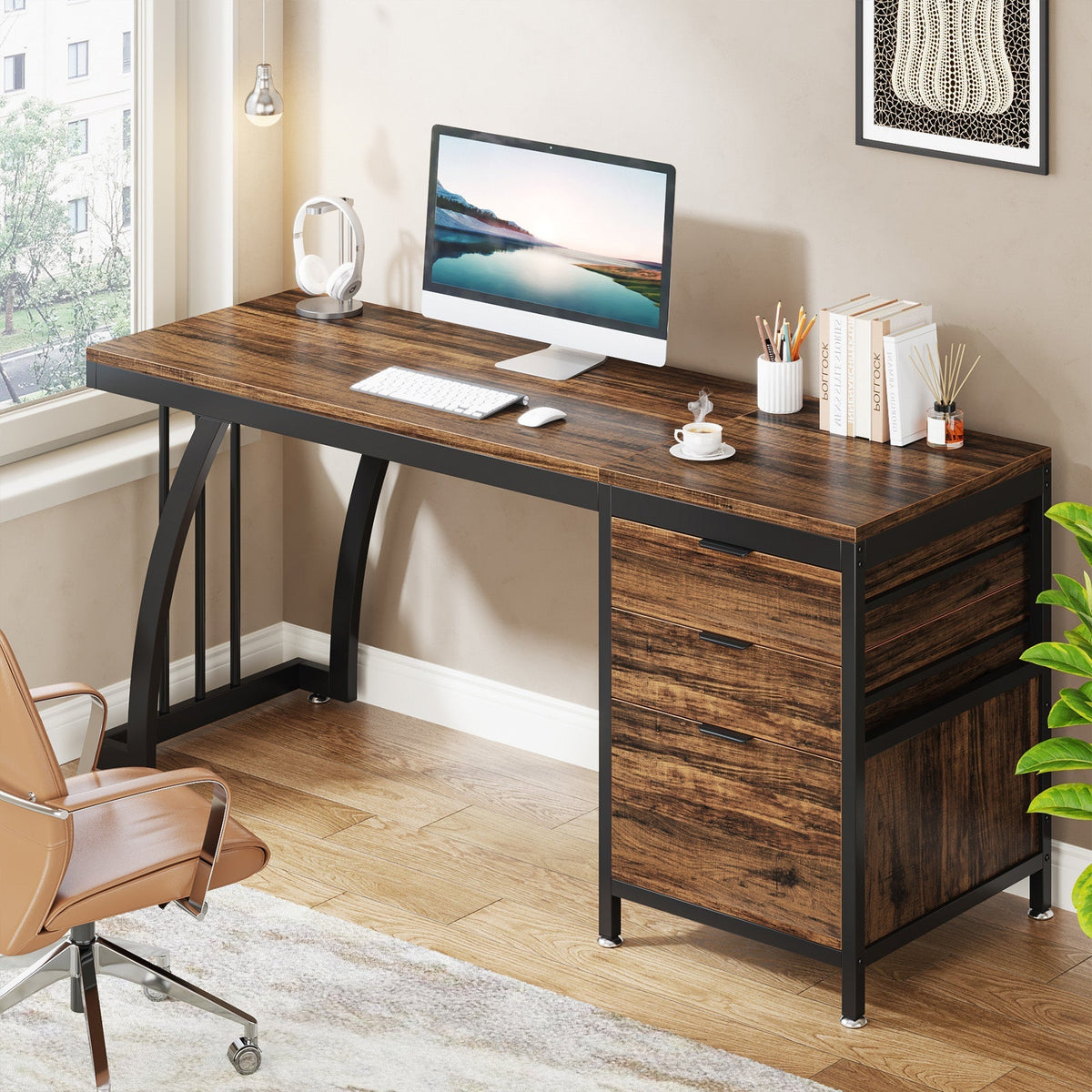 Industrial Computer Desk, 59" Study Desk with Reversible Drawer Cabinet