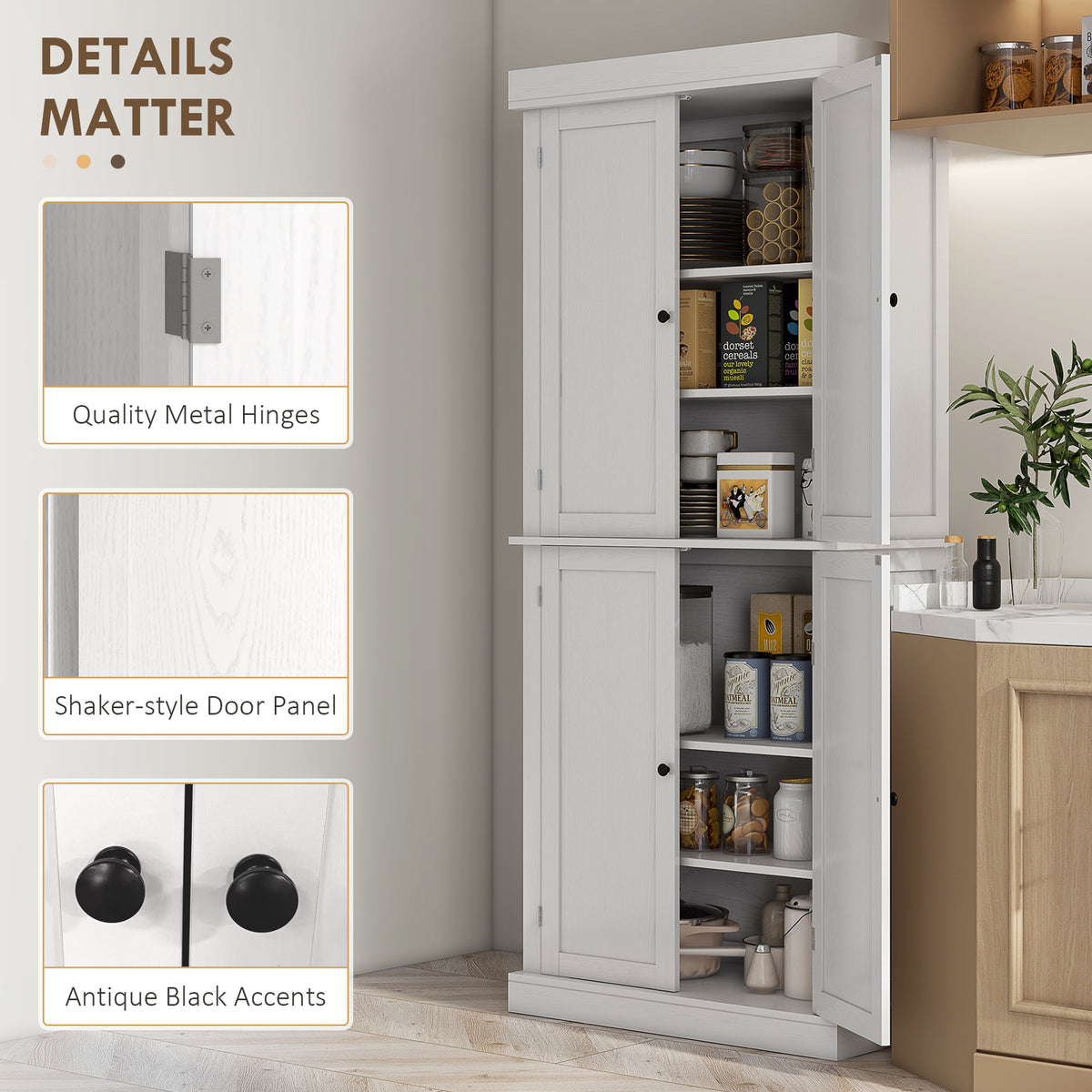 Freestanding Kitchen Pantry Cabinet with 4 Doors – 30"W x 73"H, White