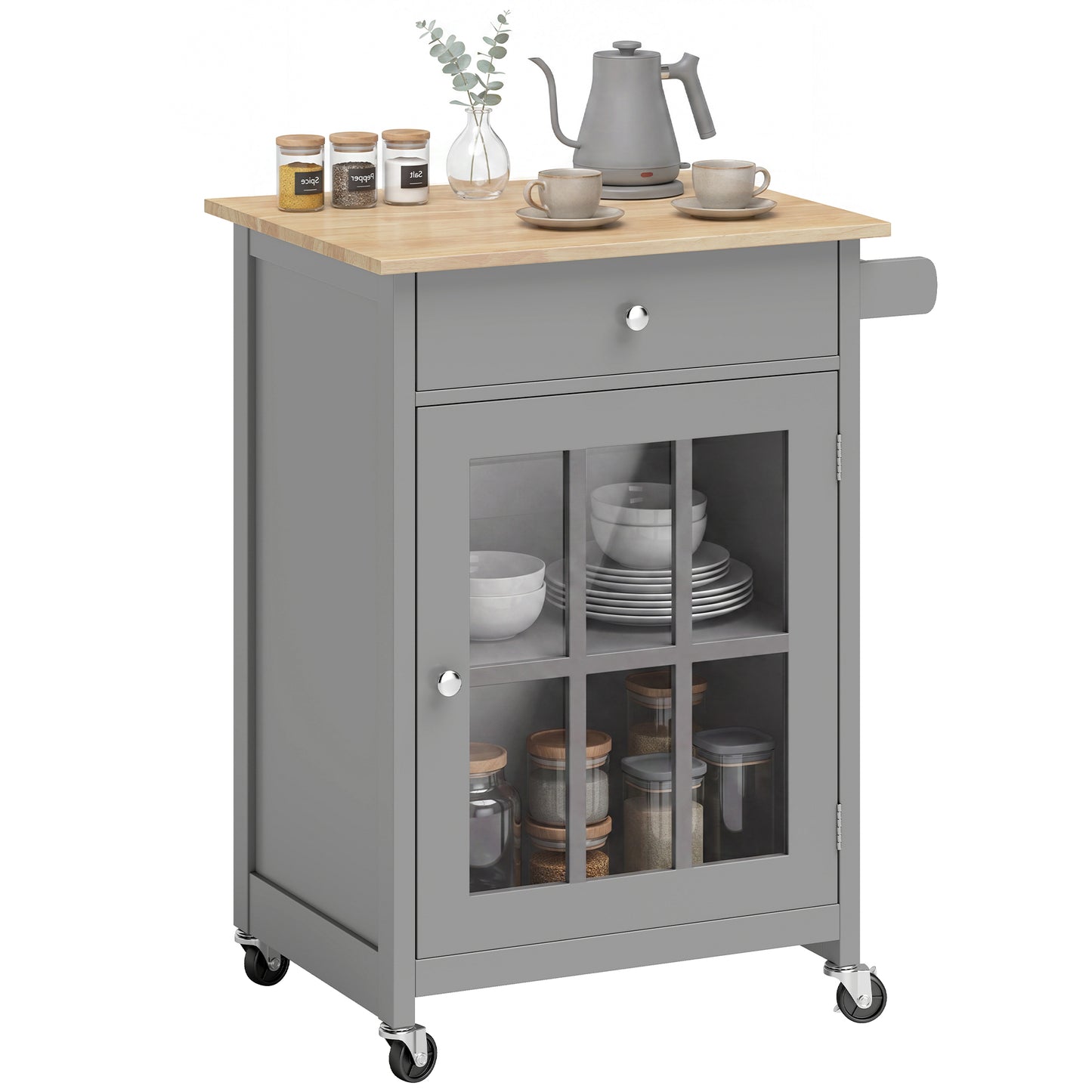 HOMCOM Rolling Kitchen Cart with Drawer and Glass Door Cabinet Dark Grey