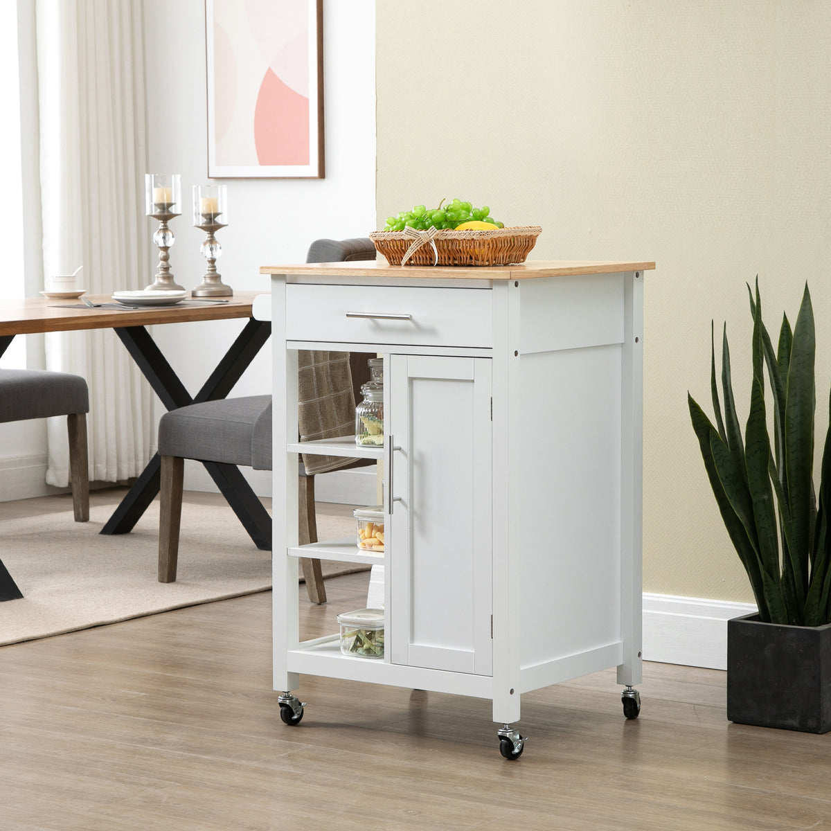 Compact Kitchen Cart on Wheels with Open Shelf & Storage Drawer – 27"W x 35"H
