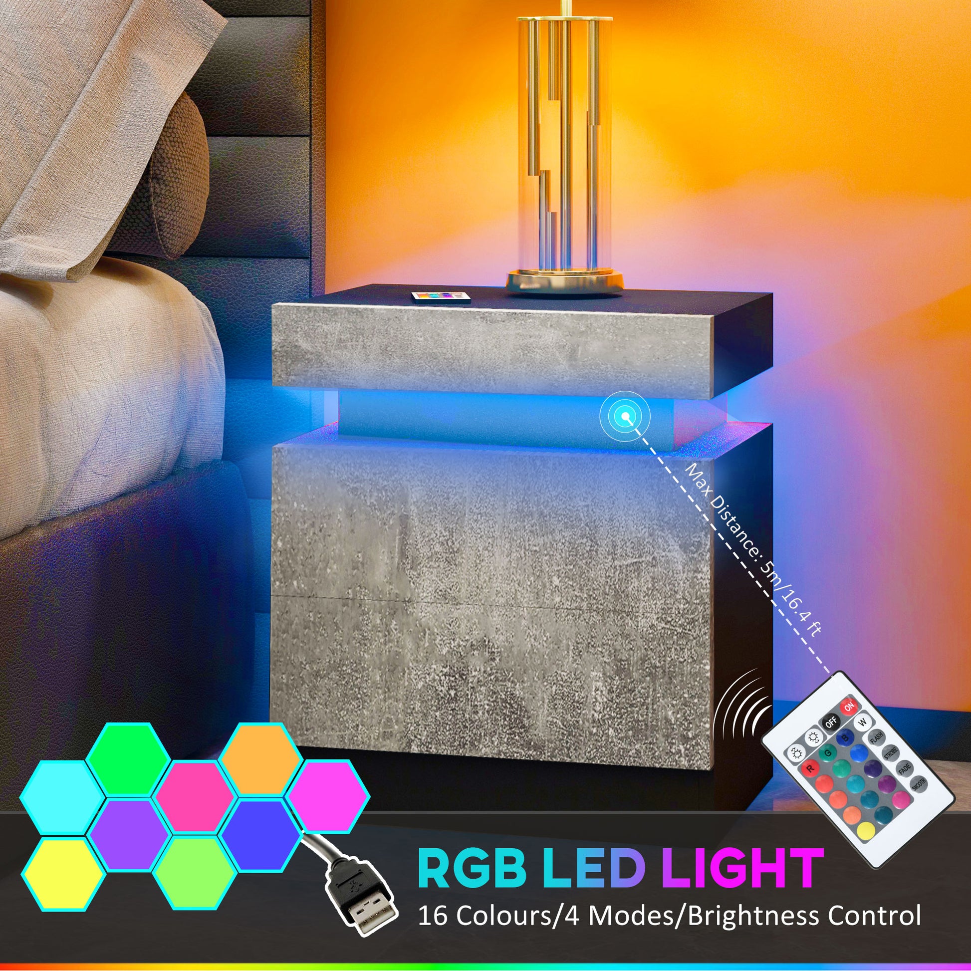 Modern High Gloss Nightstand Bedside Table with LED Lights, 2 Drawers, Grey