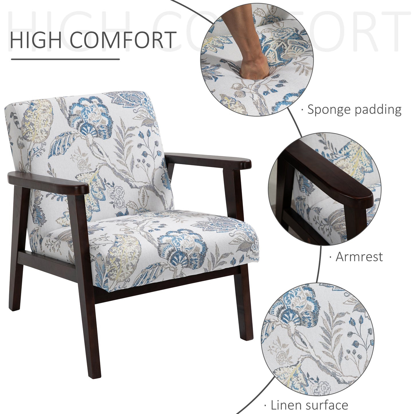 HOMCOM Mid-Century Modern Accent Lounge Chair, Floral Fabric Upholstered, Rubberwood Legs