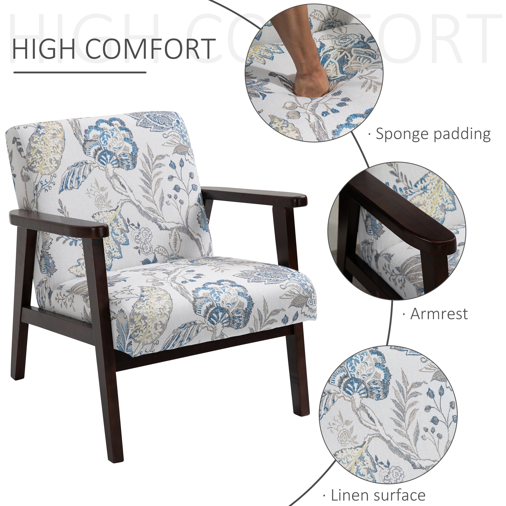 HOMCOM Mid-Century Modern Accent Lounge Chair, Floral Fabric Upholstered, Rubberwood Legs