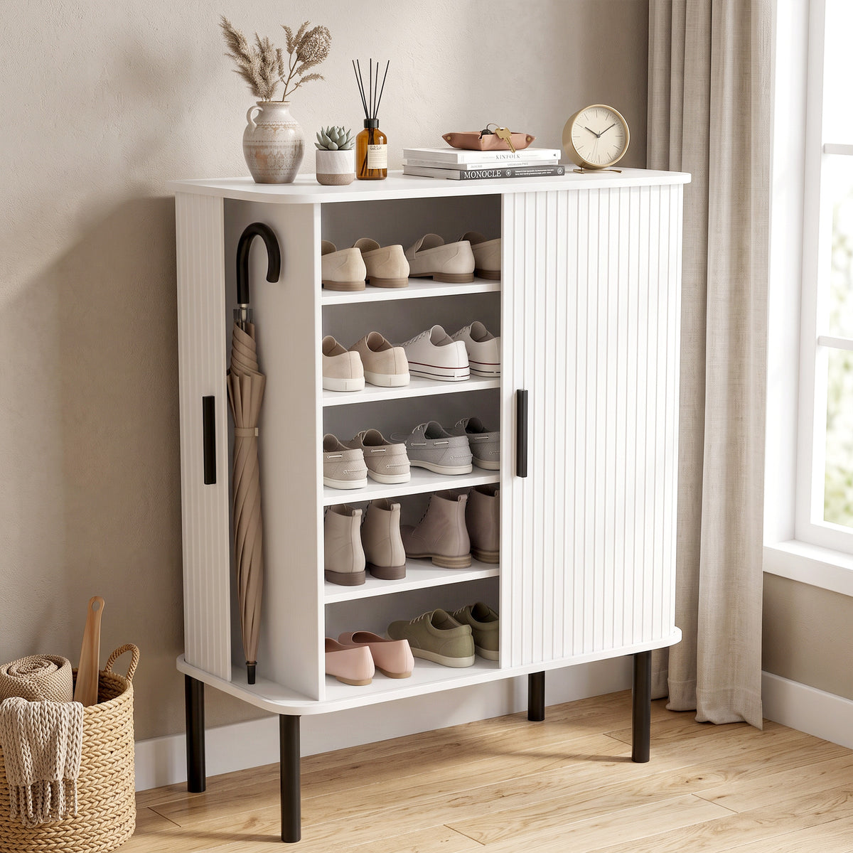 Shoe Cabinet with Tambour Door and Side Cubbies – 31"W x 37"H