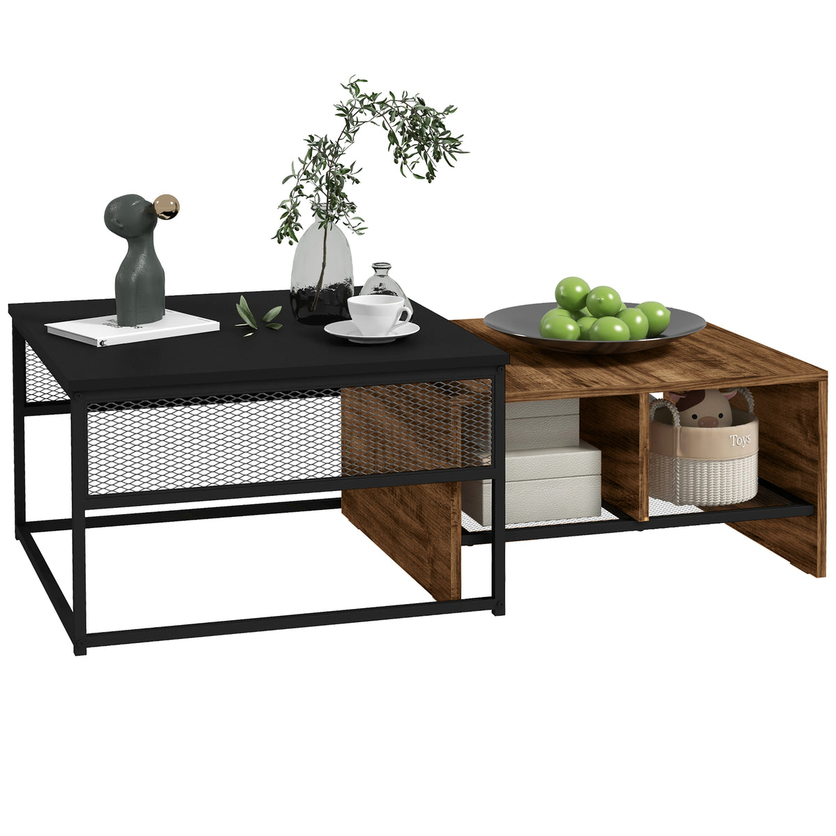 Industrial Nesting Coffee Table Set of 2 with Mesh Shelves, Rustic Brown