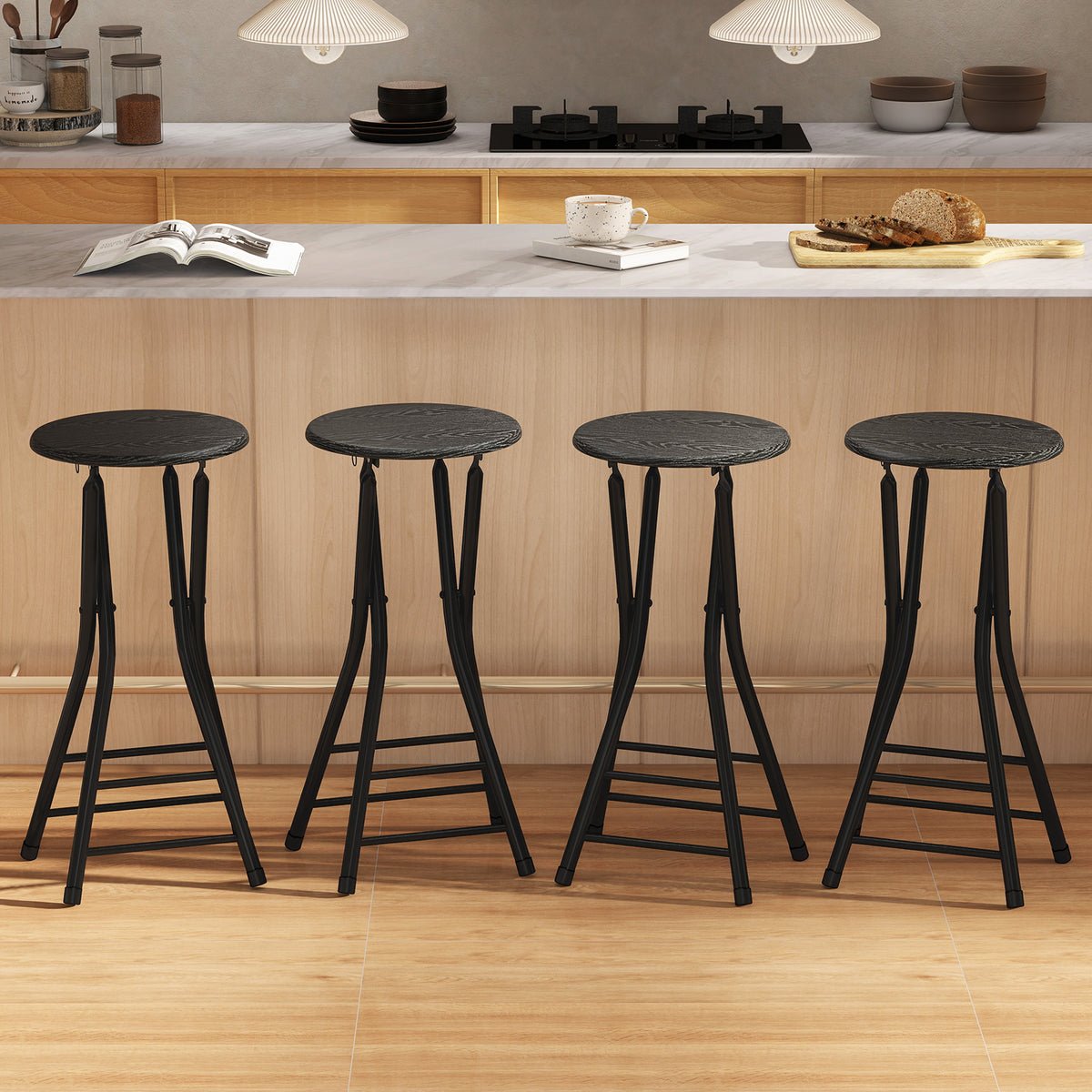 Foldable Counter Height Bar Stools with Double Footrest, Set of 4, Black