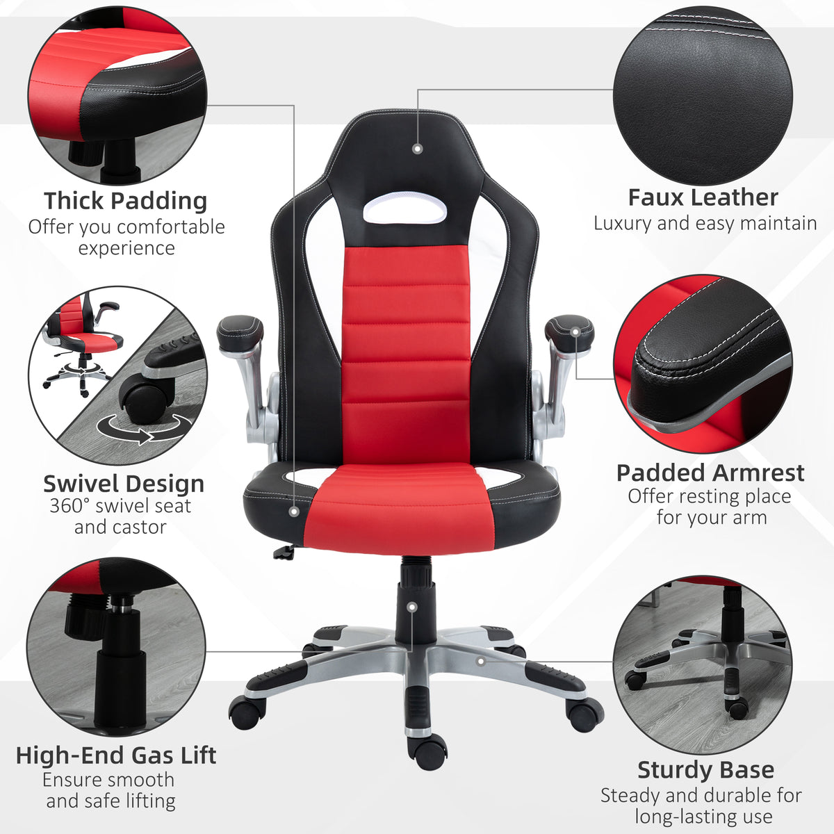 Racing Gaming Chair, PU Leather Executive Computer Desk Chair with Adjustable Height, Red