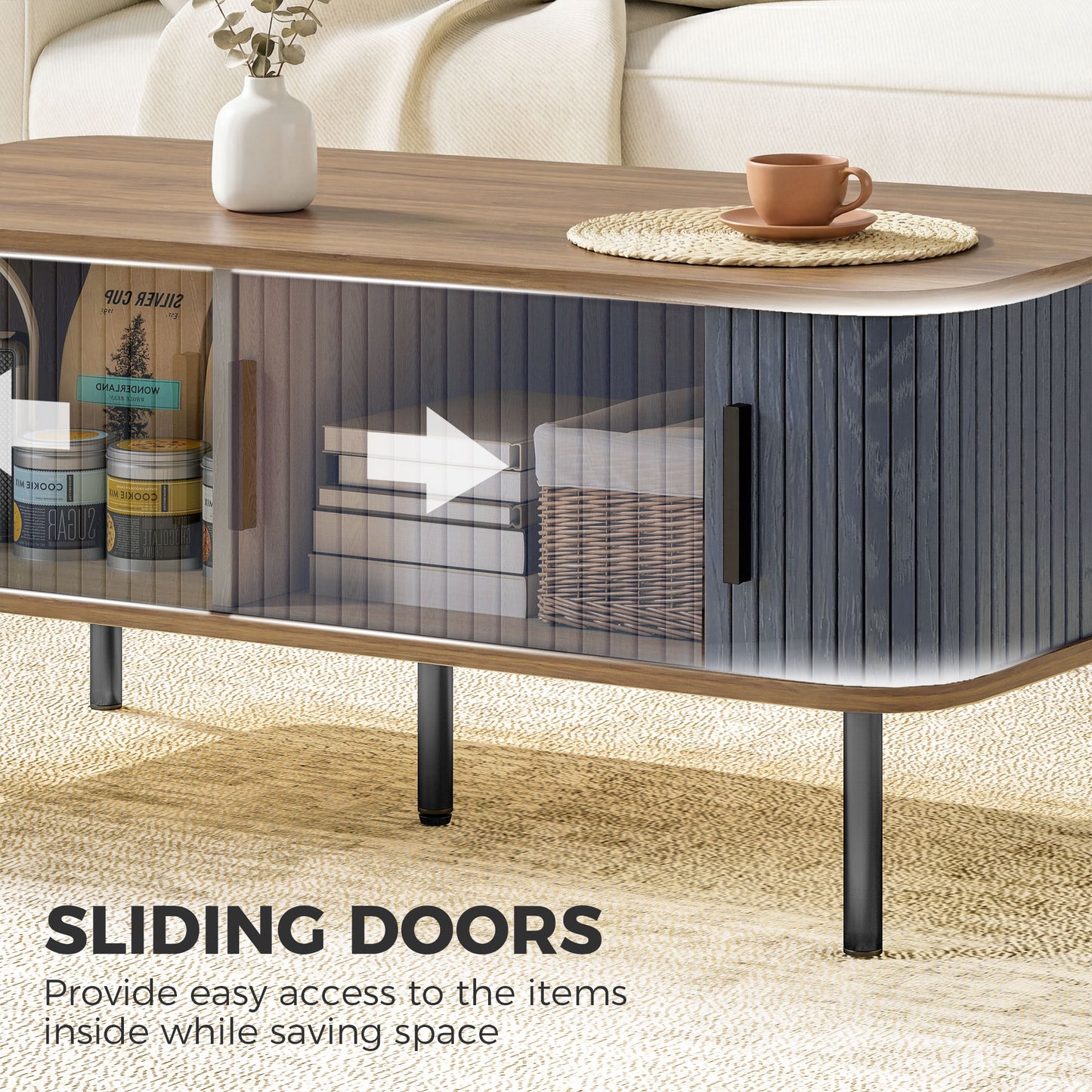 HOMCOM Nordic Side Table with Fluted Sliding Doors, Black