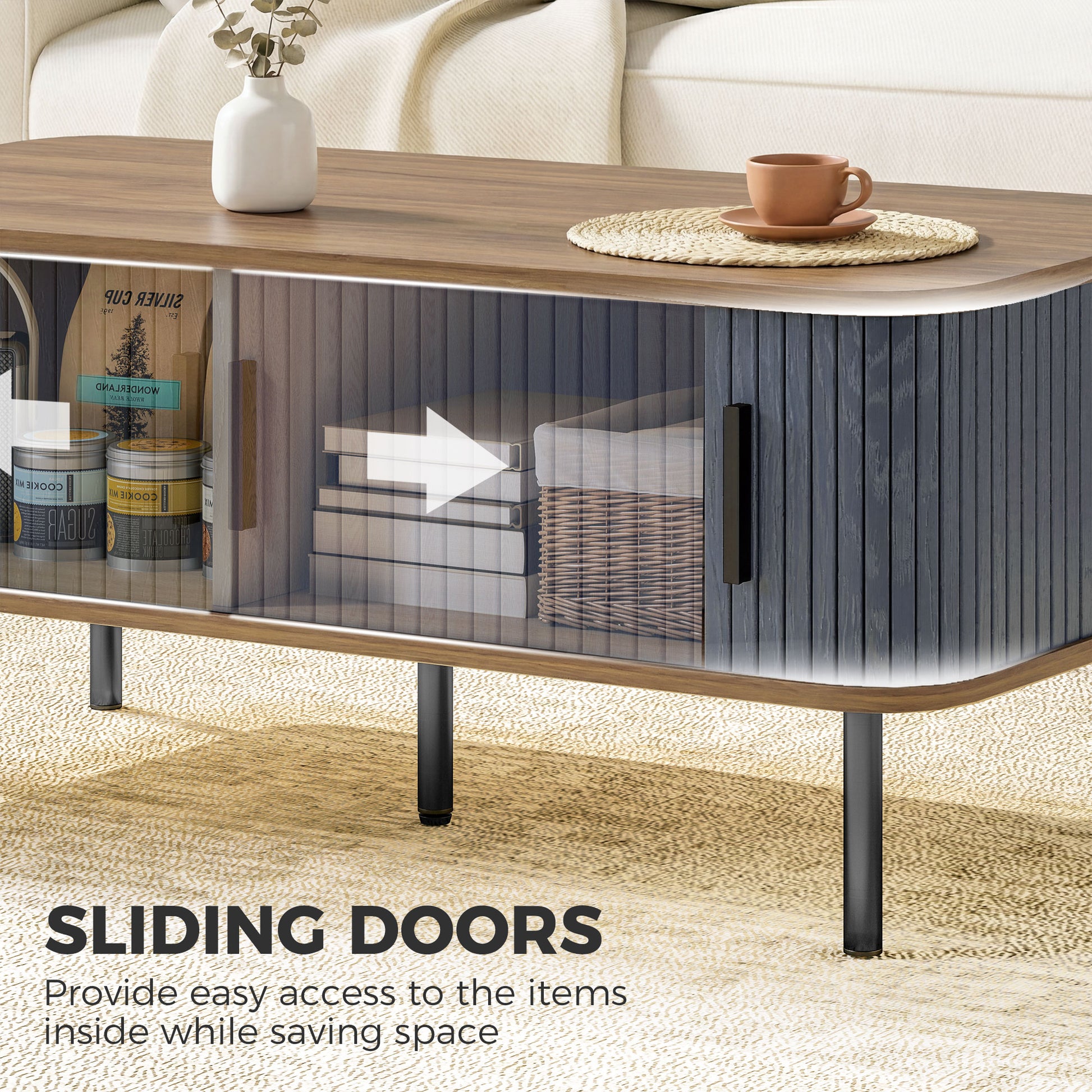 HOMCOM Nordic Side Table with Fluted Sliding Doors, Black