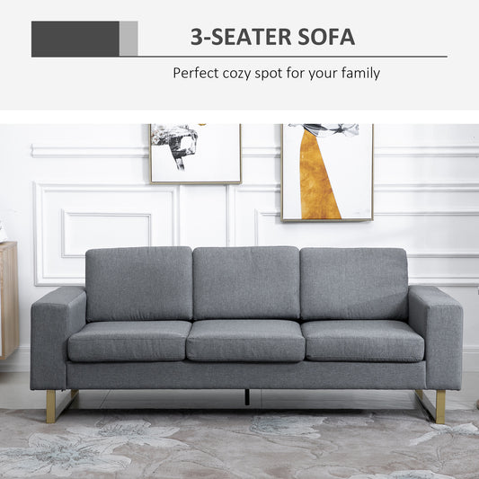 Modern Three-Seat Linen Upholstered Sofa with Steel Legs, Padded Cushions, Grey