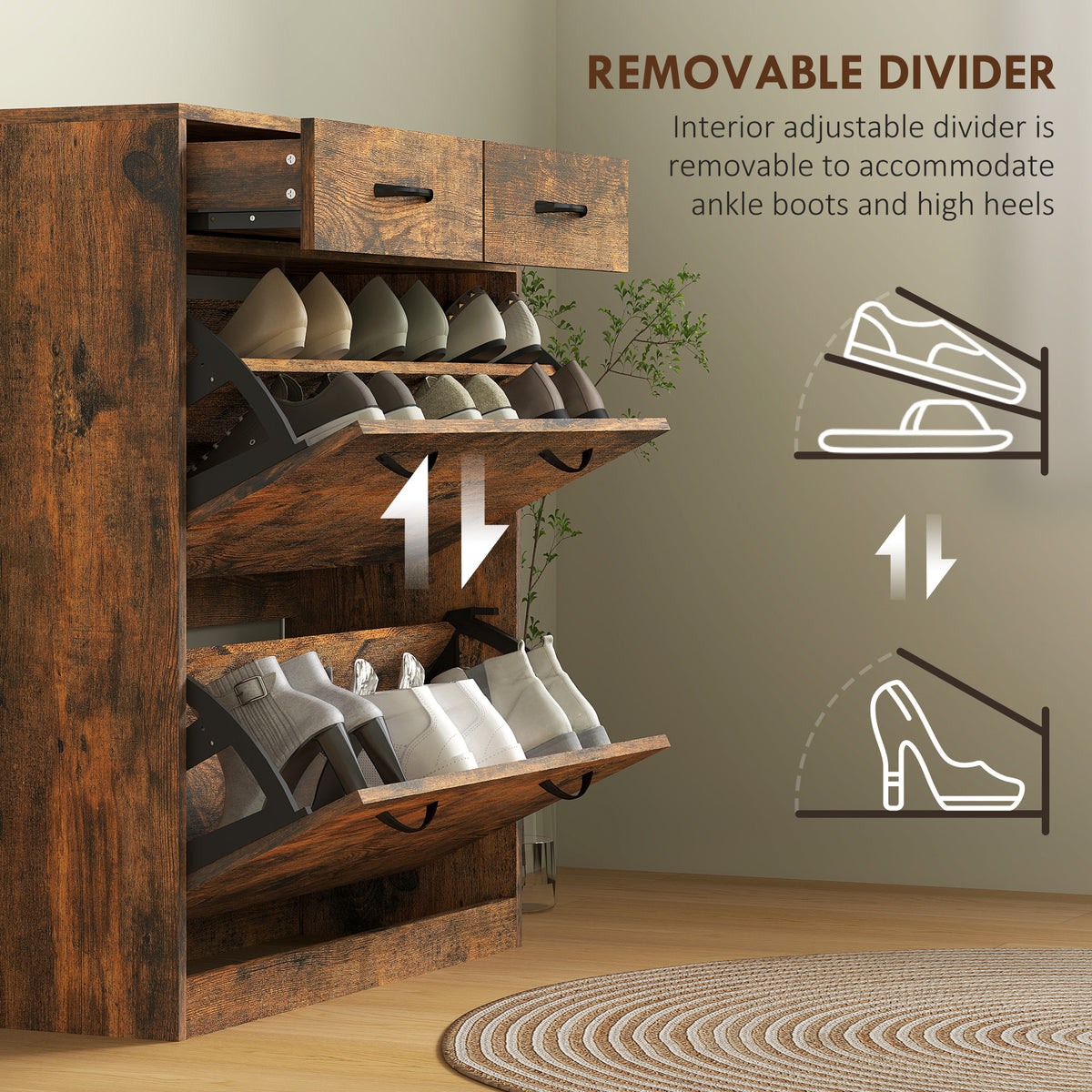 Narrow Shoe Storage with 2 Flip Drawers and Adjustable Shelves – 32"W x 36"H