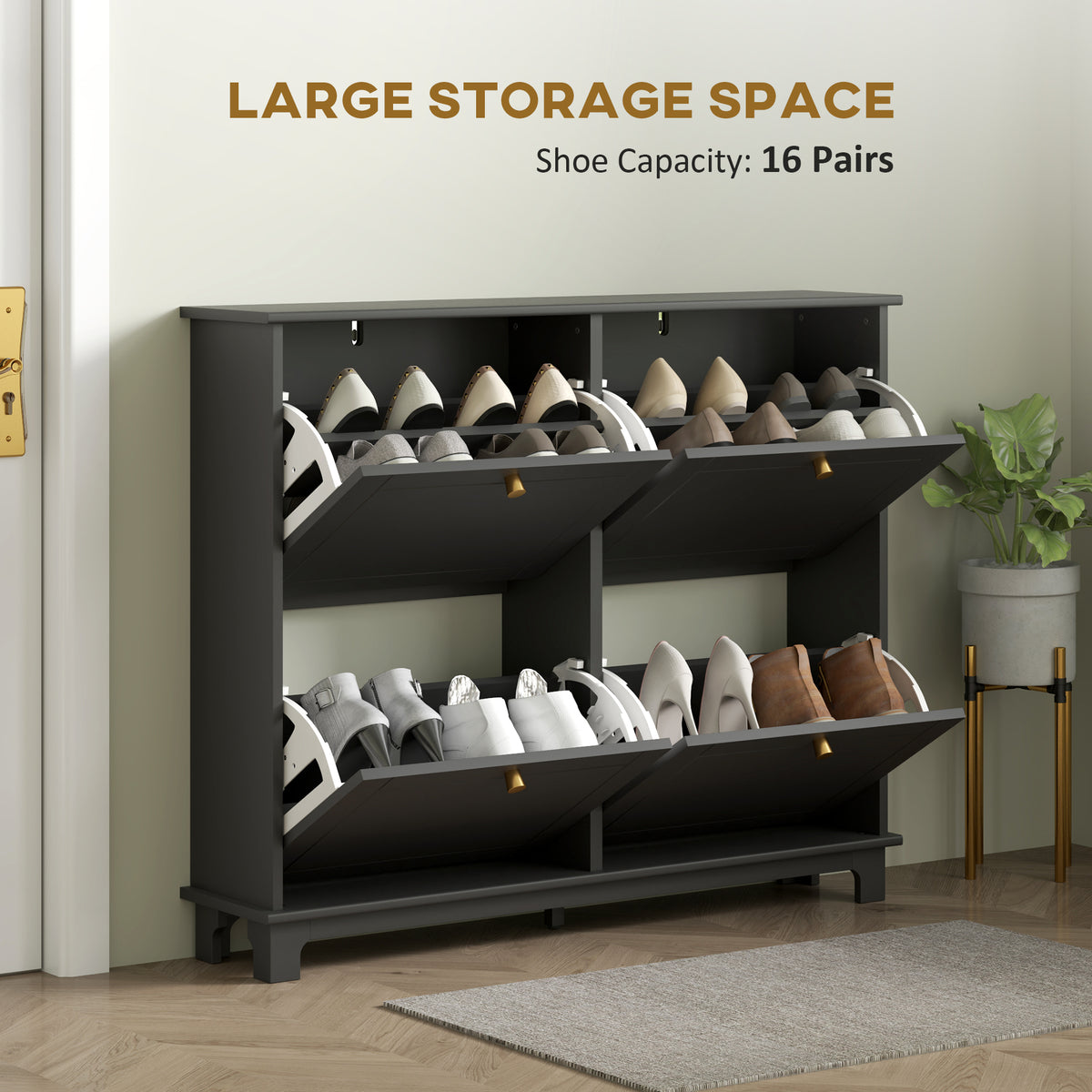Modern Narrow Shoe Cabinet with 4 Flip Drawers – 47"W x 34"H